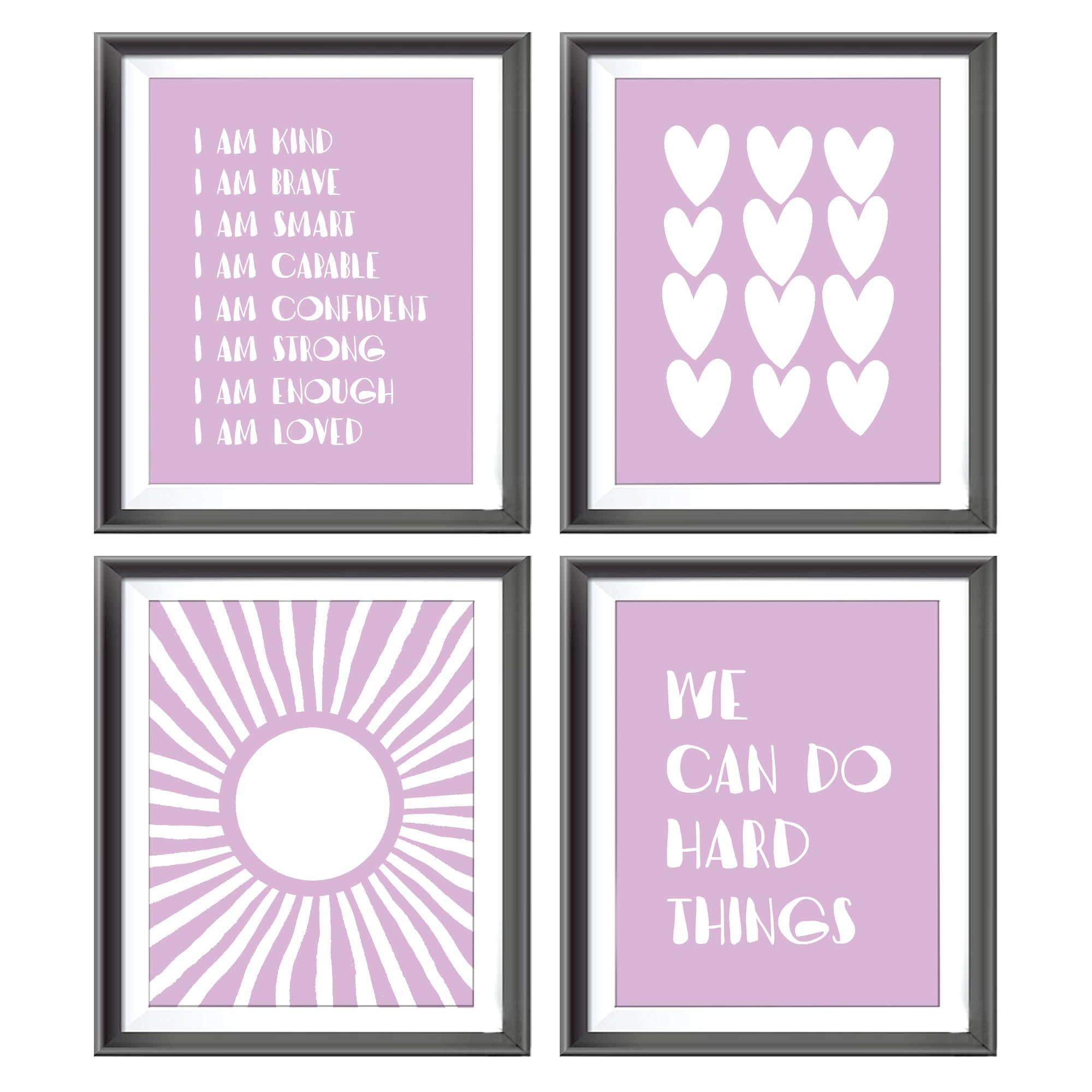 I Am Kind Brave Smart Affirmations Purple Sun Sunshine Hearts Poster Prints For Girls Kids Room Playroom Decor,Girl Nursery Deco