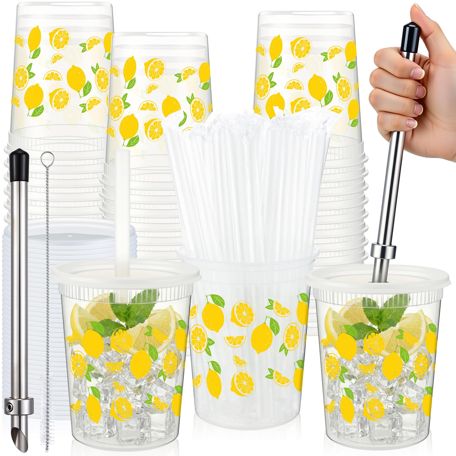 FillTouch 50 Set Lemonade Cups with Lids Straws Plastic Drink Buckets Include Plastic Cups Stainless Steel Straw Hole Puncher Be