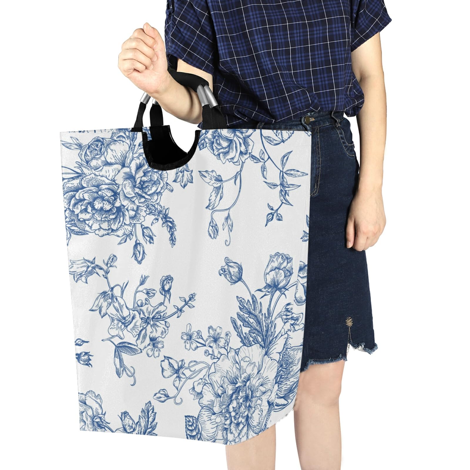 AGONA Blue Flowers Laundry Basket with Handles Large Storage Bin Collapsible Fabric Laundry Hamper Foldable Laundry Bag for Dirt