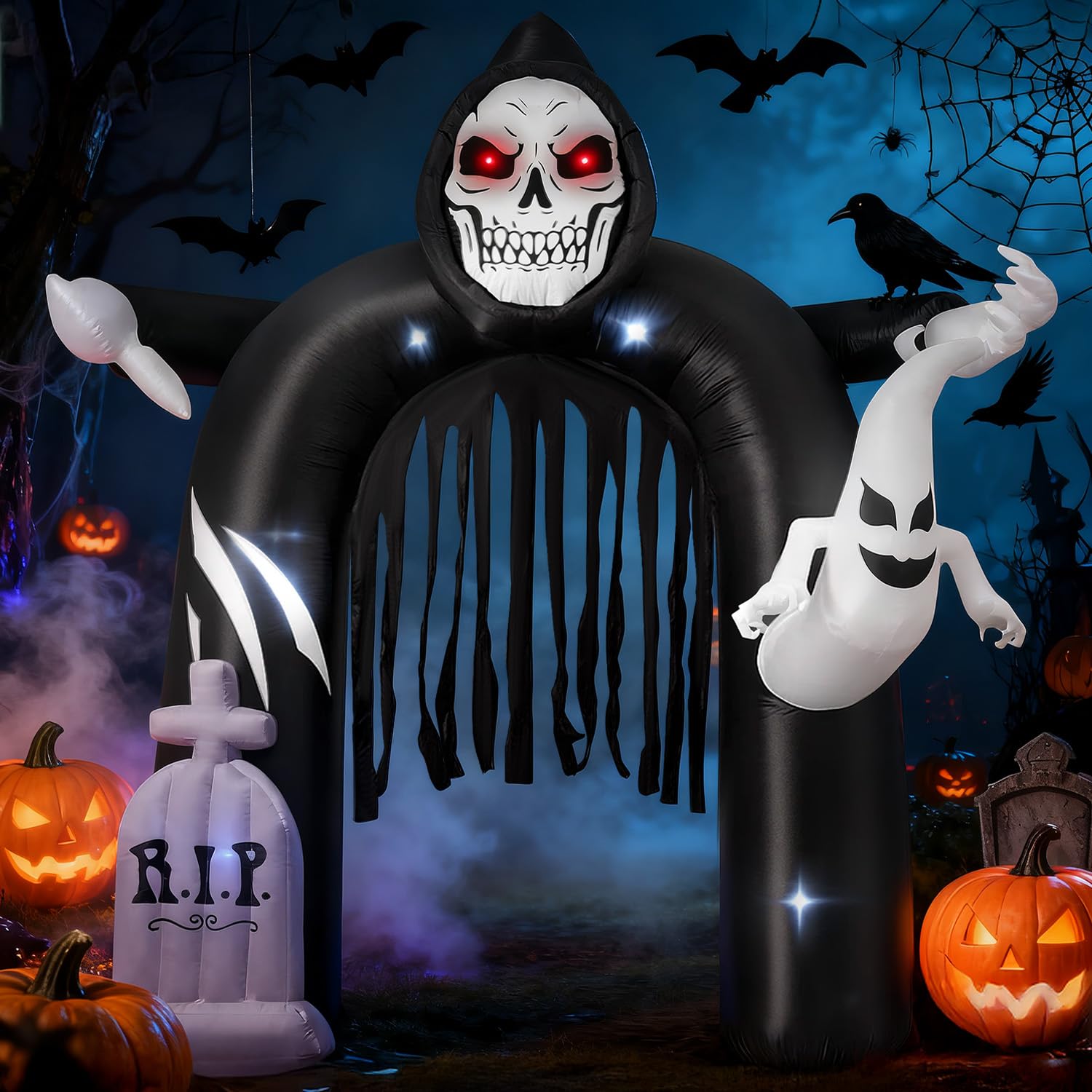 GVDV 10FT Halloween Inflatables Outdoor Decorations, Lighted Blow Up Archway with Ghosts, Pumpkins & LED Lights, Spooky Yard Law