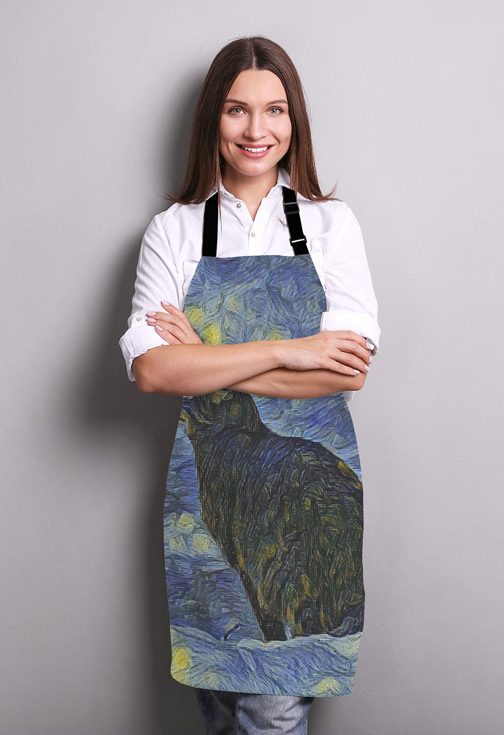 Van Gogh Apron For Women And Men, Oil Painting Galaxy Cat Adjustable Kitchen Chef Apron For Cooking Baking - Cute Birthday, Anni