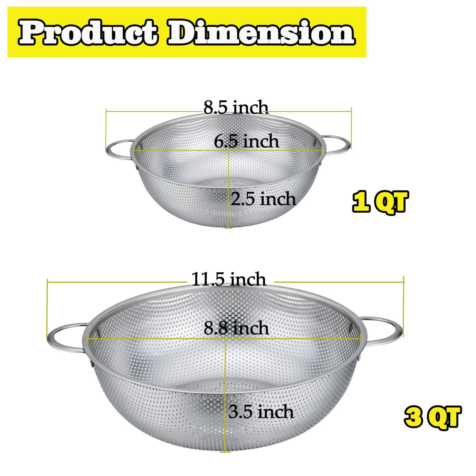 2-Piece Colanders (1 + 3 Qt), P&P Chef Stainless Steel Food Strainer With Handle, Micro-Perforated For Washing Rinsing Draining,