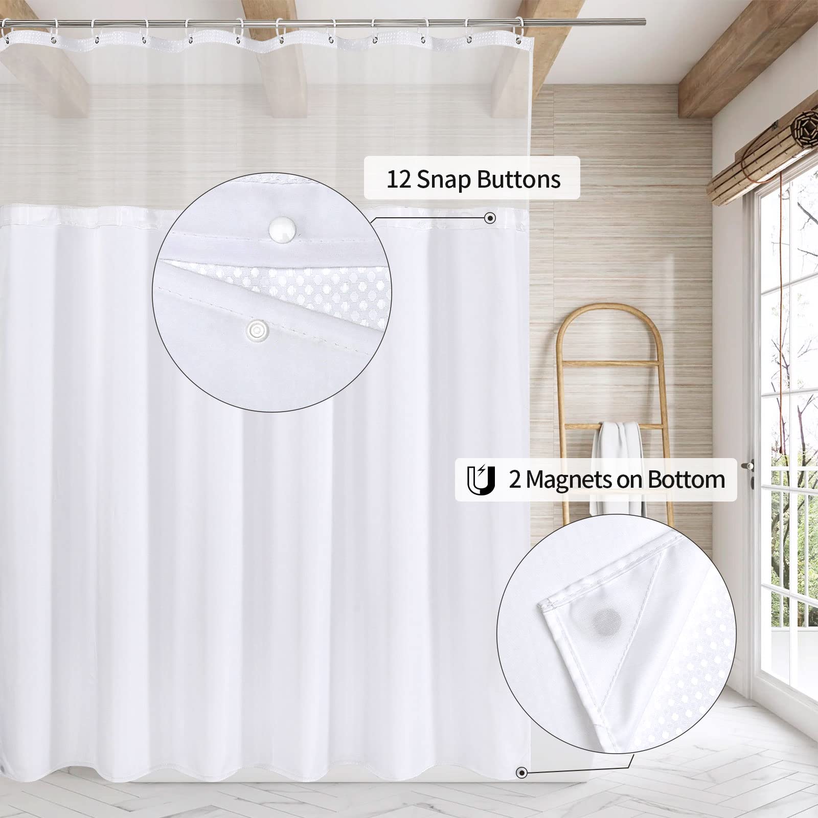 MitoVilla White Waffle Shower Curtain Set with Snap-in Liner  Modern Waffle Weave Heavyweight Fabric Shower Curtain for Luxury Neutral Hotel & Spa Bathroom Decor  72 x 72