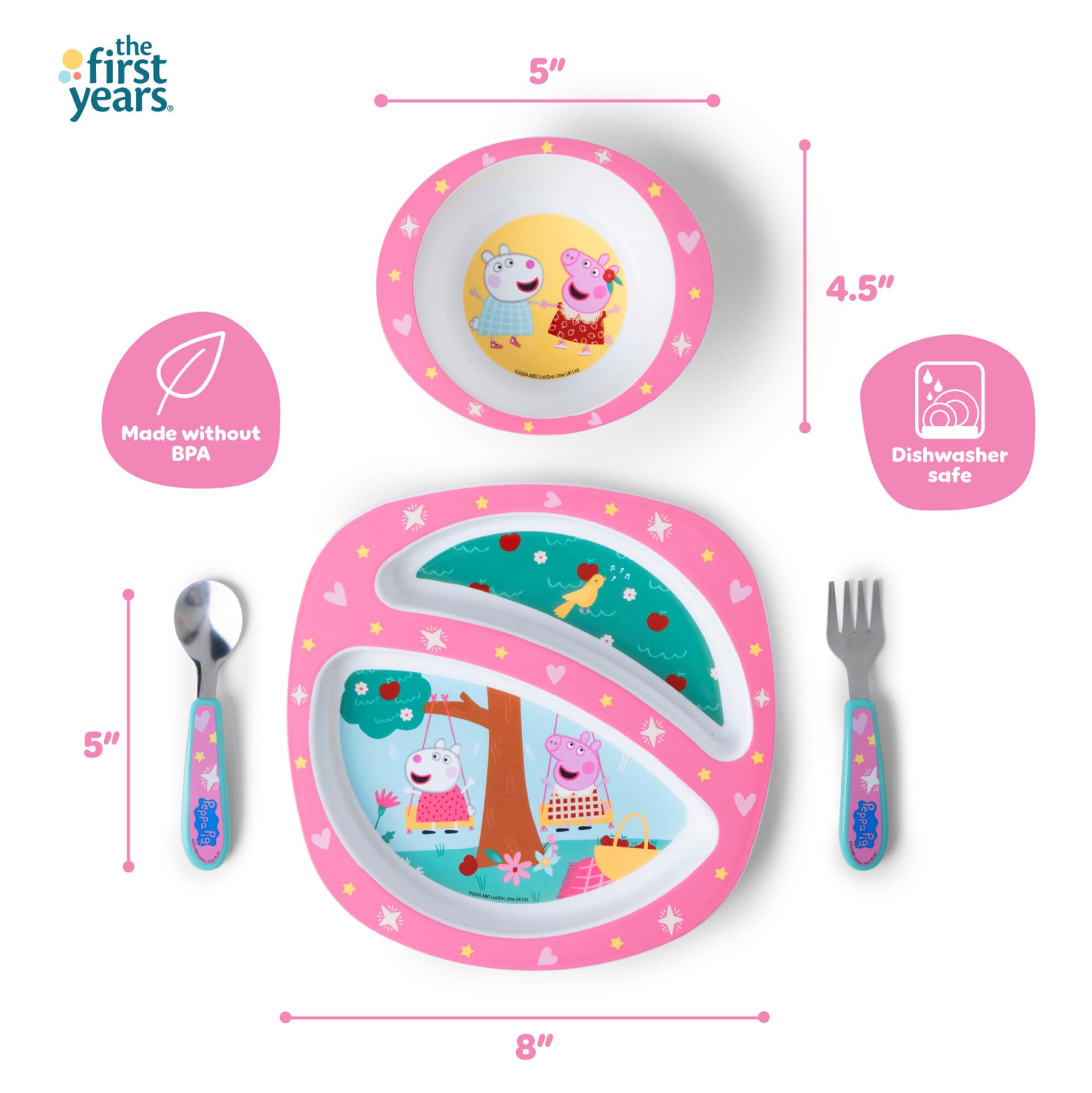 The First Years Peppa Pig Toddler Dinnerware Set - Includes Toddler Plate, Divided Bowl, and Toddler Utensils - Dishwasher Safe