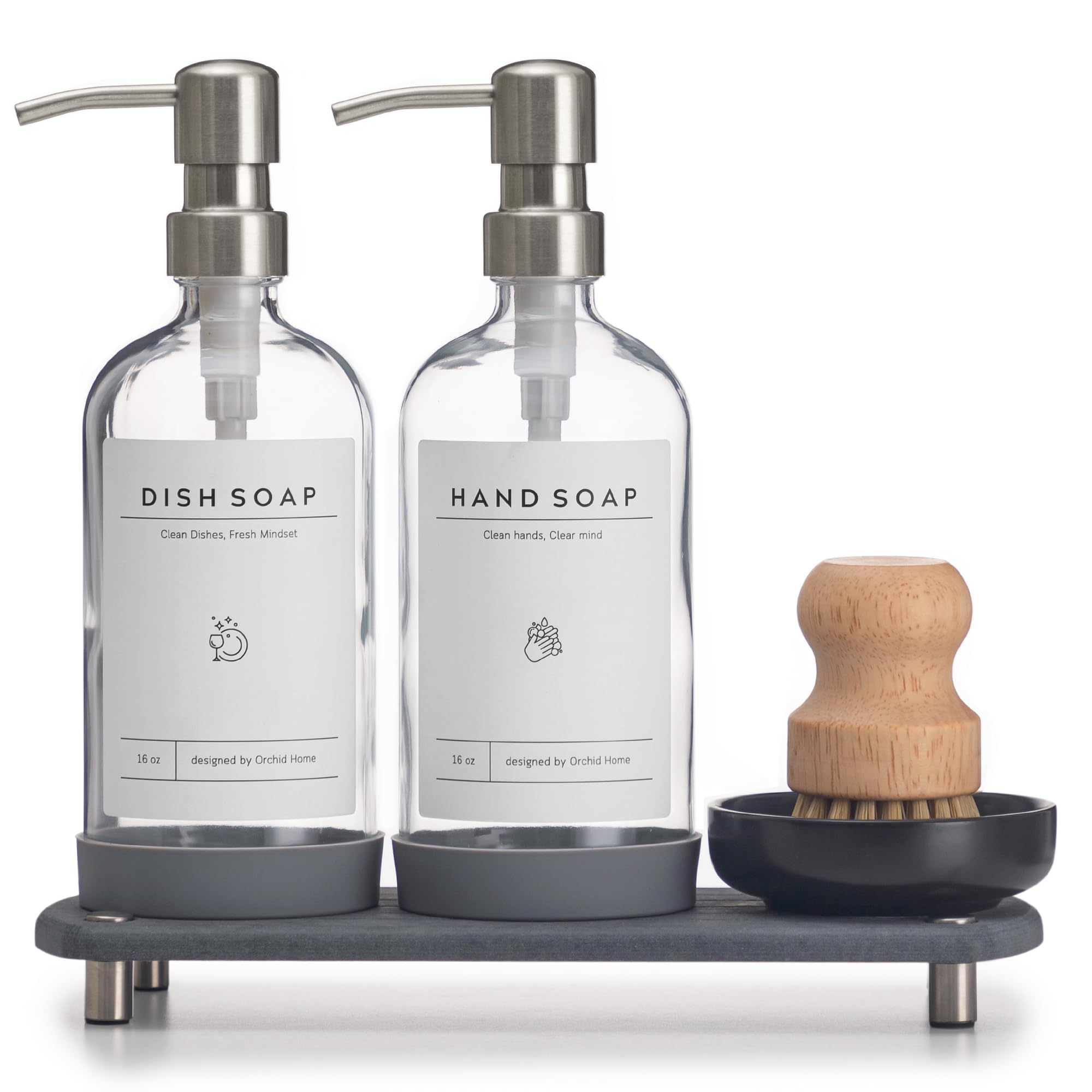 [Luxury] Kitchen Soap Dispenser Set - 16Oz Clear Glass Bottle, Stainless Steel Pump, Instant Dry Tray, Waterproof Labels, Non-Sl