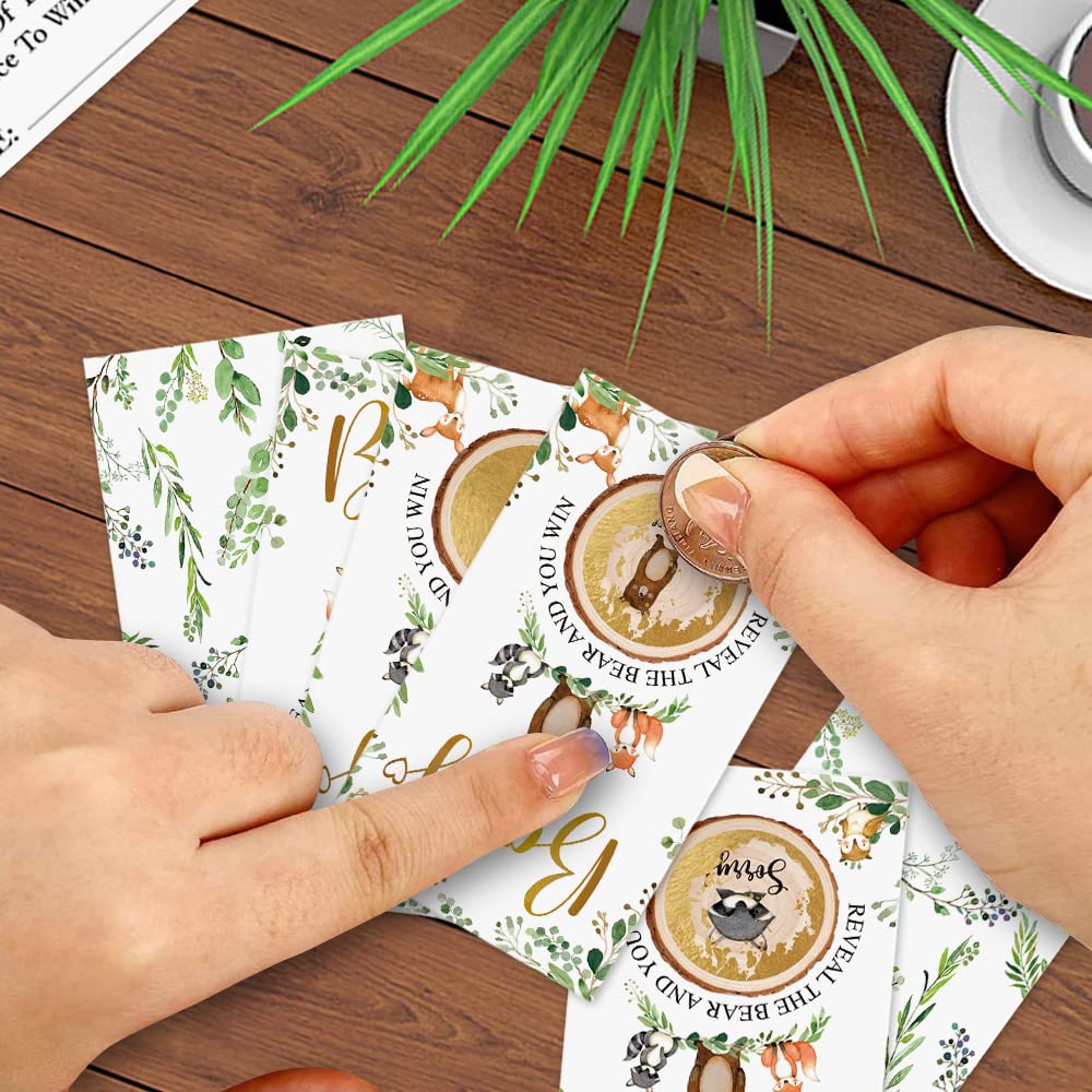 Skuhyyg 50 Pieces Woodland Baby Shower Scratch Off Game, Woodland Forest Animals Neutral Boy Girl Baby Shower Decorative Set, Pr