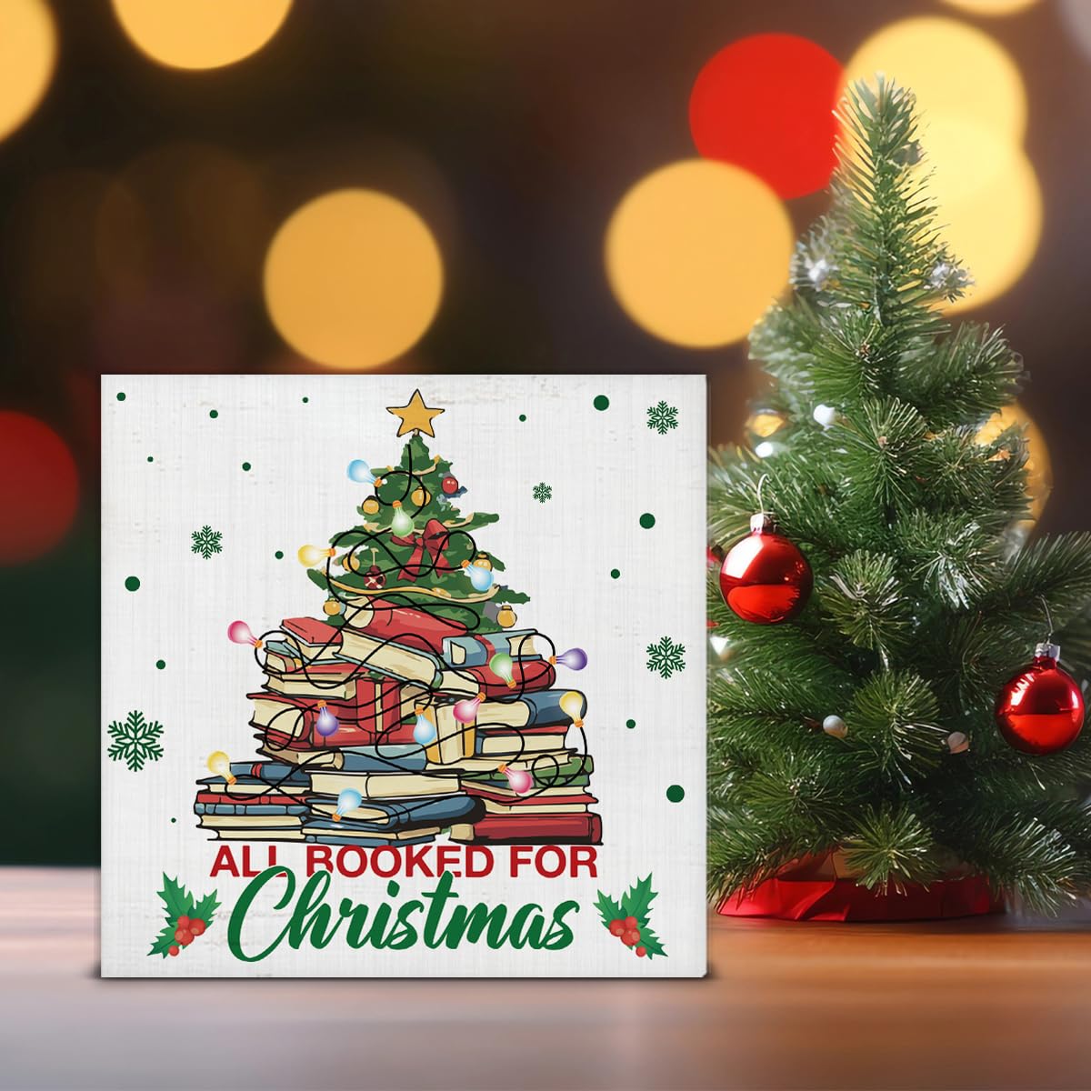 Indoor Christmas Decorations, Christmas Book Tree Wooden Sign, Rustic Christmas Decor, Christmas Decor for Desk Table Shelf 5 x