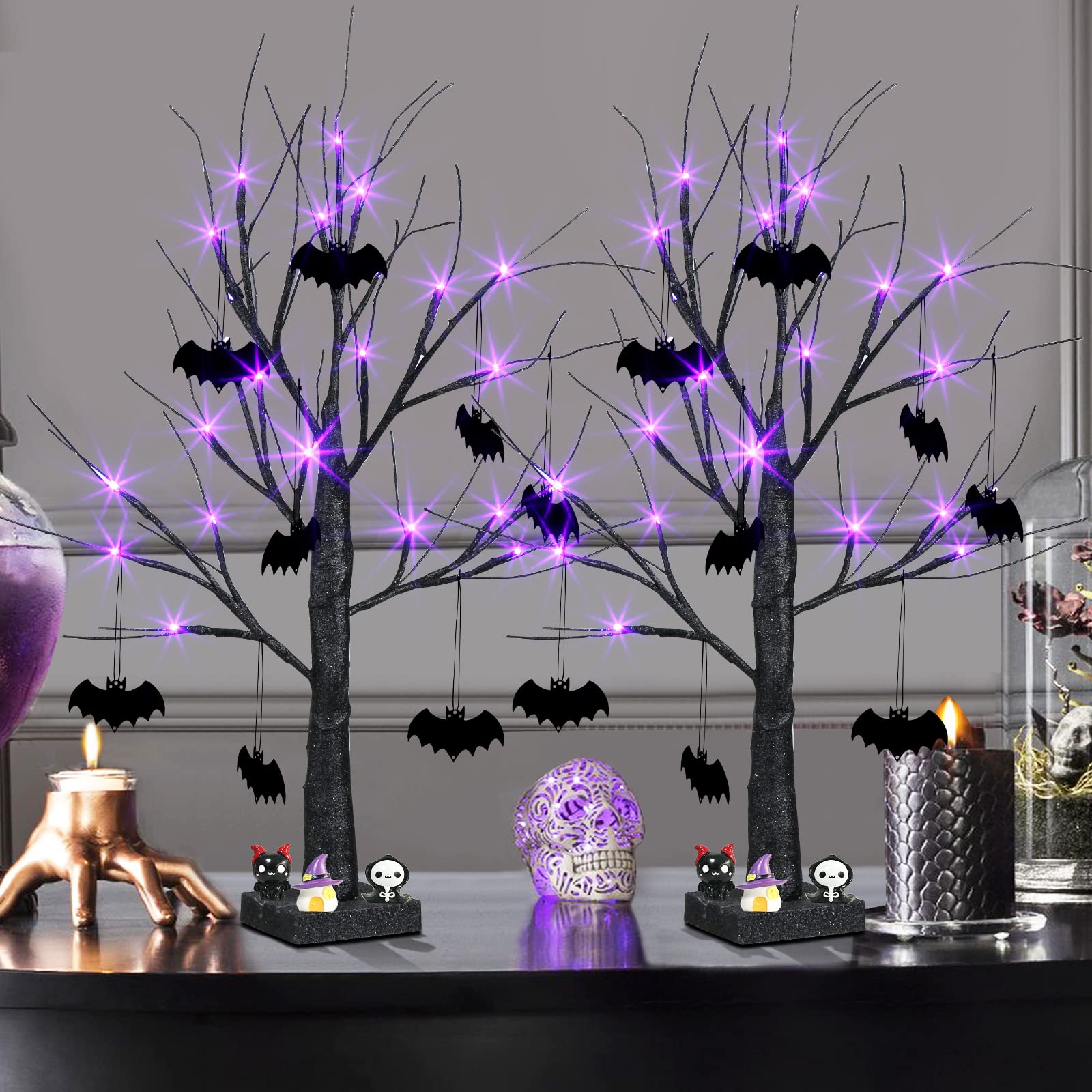EAMBRITE Halloween Tree, Black Halloween Decorations Indoor, 2FT Spooky Tabletop Trees Battery Operated with 24LED Purple Lights