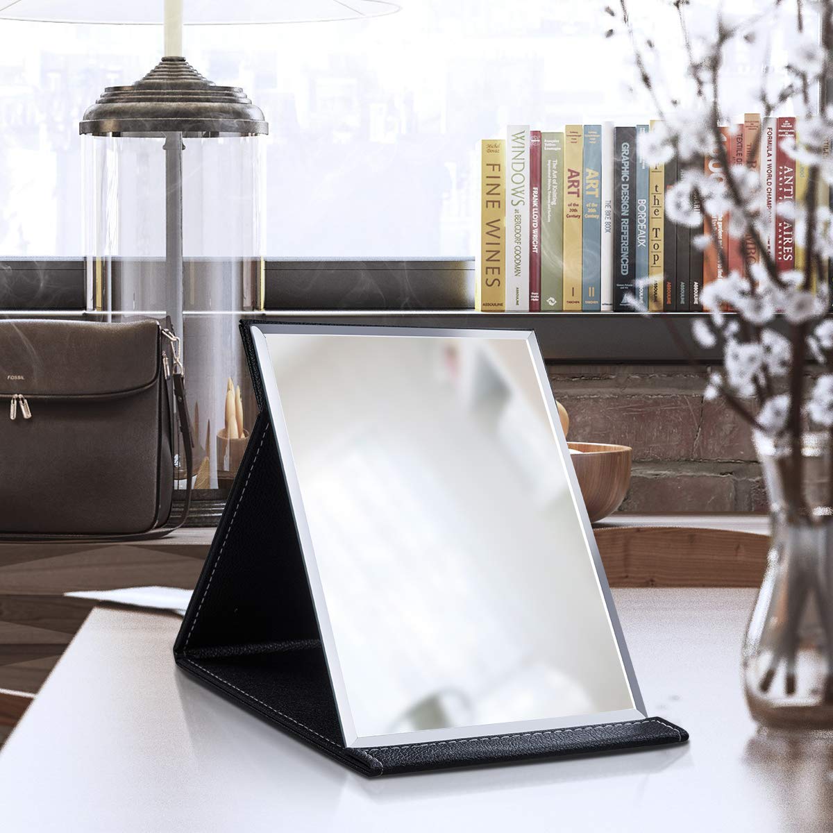 Longsheng - Since 2001 - Protable Pu Leather Mirror Folding Desktop Makeup Mirror With Adjustable Stand For Personal Use,Travell