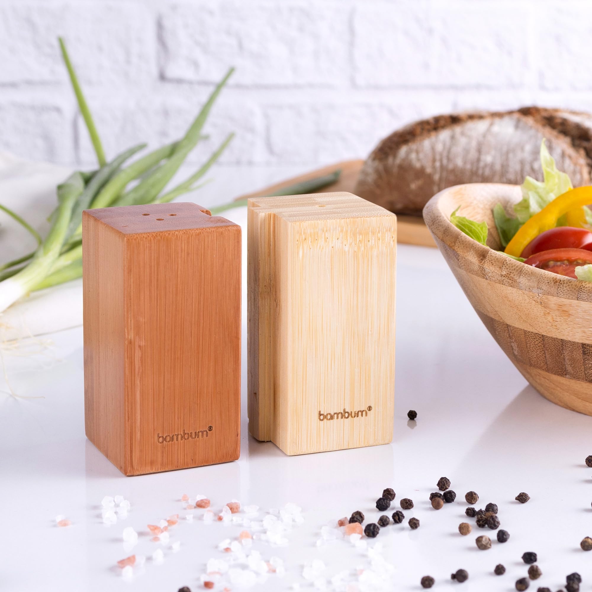Bambum Pozole Cute Wood Salt And Pepper Shakers - Natural Bamboo, Modern Farmhouse Decor, Ideal For Home, Weddings And Restauran