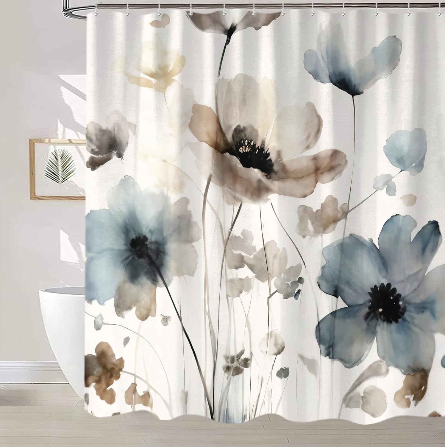 Sanzugh Boho Floral Shower Curtain, Cream Tan Beige Blue Grey White Watercolor Flower Fabric Shower Curtains Set For Bathroom De