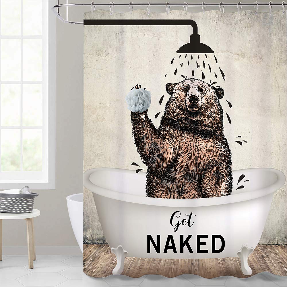 Yookeb Bear Funny Animal Get Naked Bathroom Shower Curtain 71W By 71H Inch Brown Cute Bathtub Farmhouse Kids Polyester Fabric 12