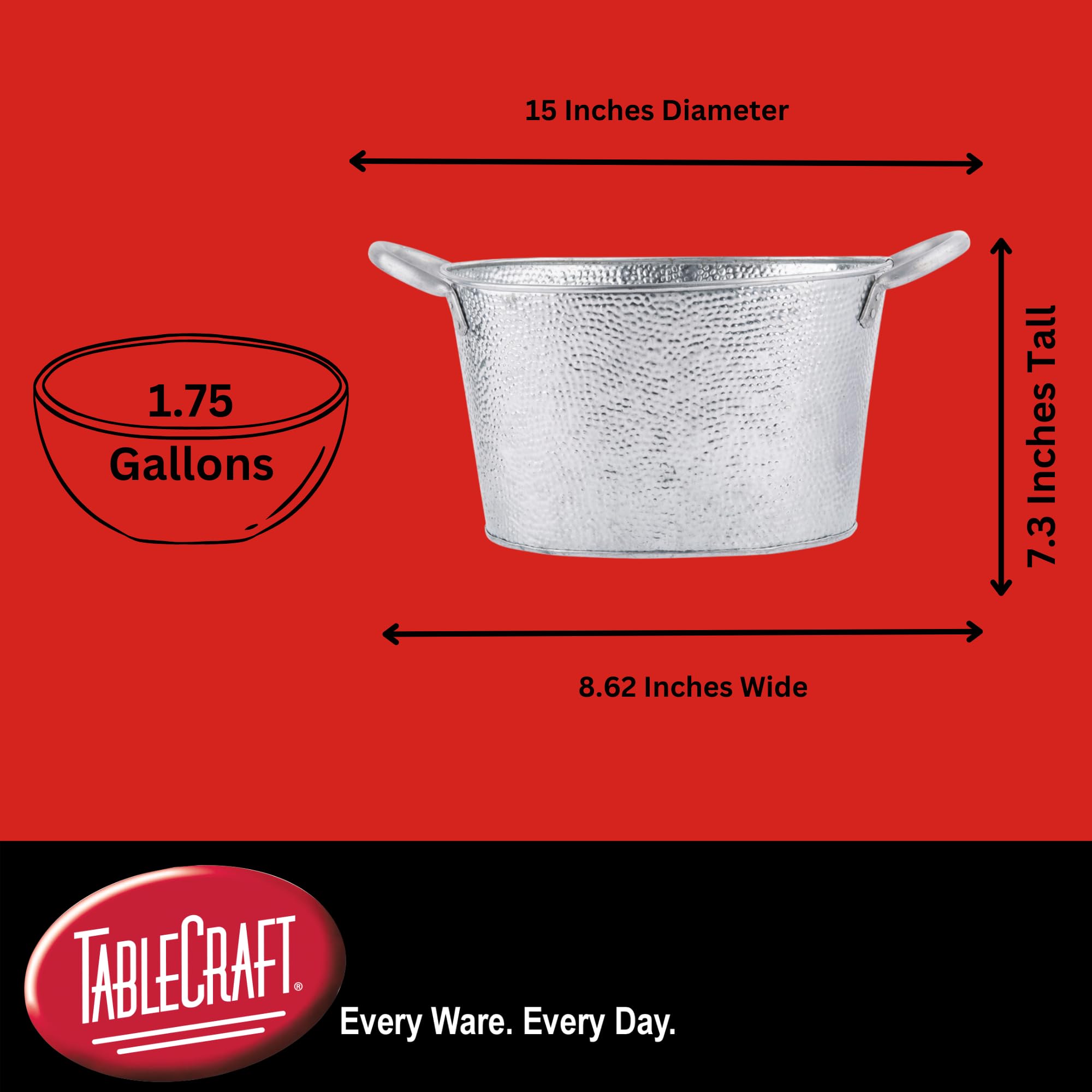 Tablecraft Galvanized Collection Oval Beverage Tub, 15 X 8.6 X 7.4-Inch
