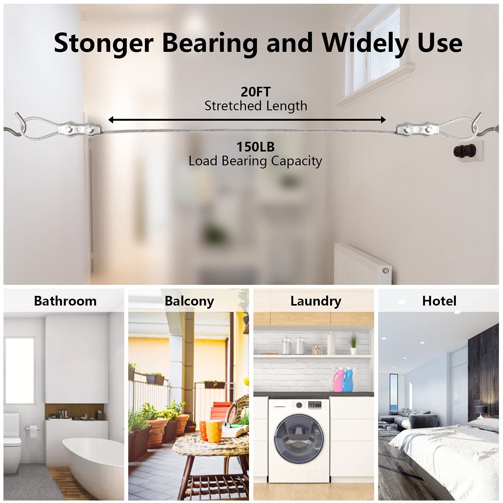 Clotheslines,20Ft Portable Windproof Clothes Rope Line With Stainless Steel Cable Tightener System Multipurpose Heavy Duty Laund