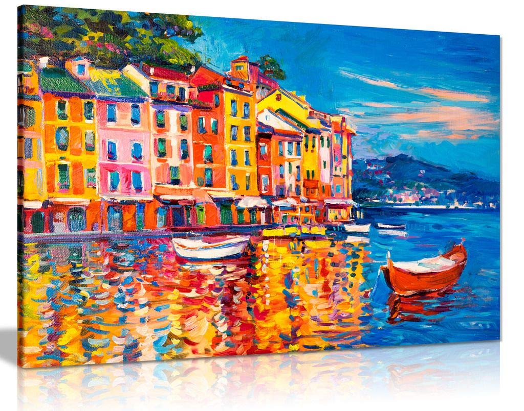 Colourful Oil Painting Boats Sea Harbour Canvas Wall Art Picture Print (18X12)