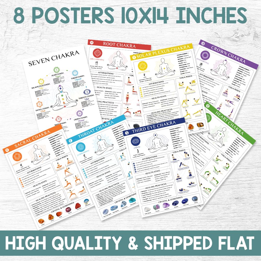 8Pcs Chakra Poster (10''X14'') Yoga Poses Poster, Spiritual Decor, Yoga Decor Laminated, Chakra Decor, 7 Chakras Knowledge Verti