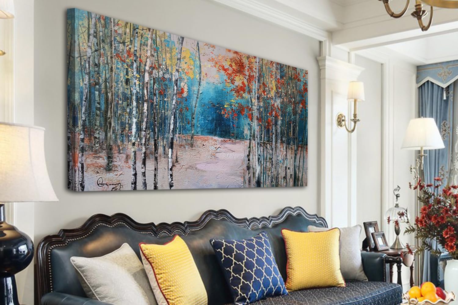 Ardemy White Birch Tree Canvas Wall Art Blue Forest Painting Landscape Picture  Teal Nature Artwork Modern Large Framed for Living Room Bedroom Bathroom Dinning Room Home Office Wall Decor 48''x24''