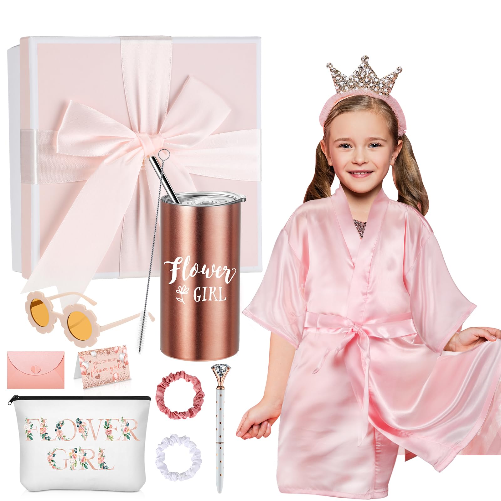 10 Pcs Flower Girl Gifts Set Flower Girl 14Oz Tumbler Canvas Bag Satin Scrunchies Kimono Robe Proposal Gift Box Sunglasses Diamo