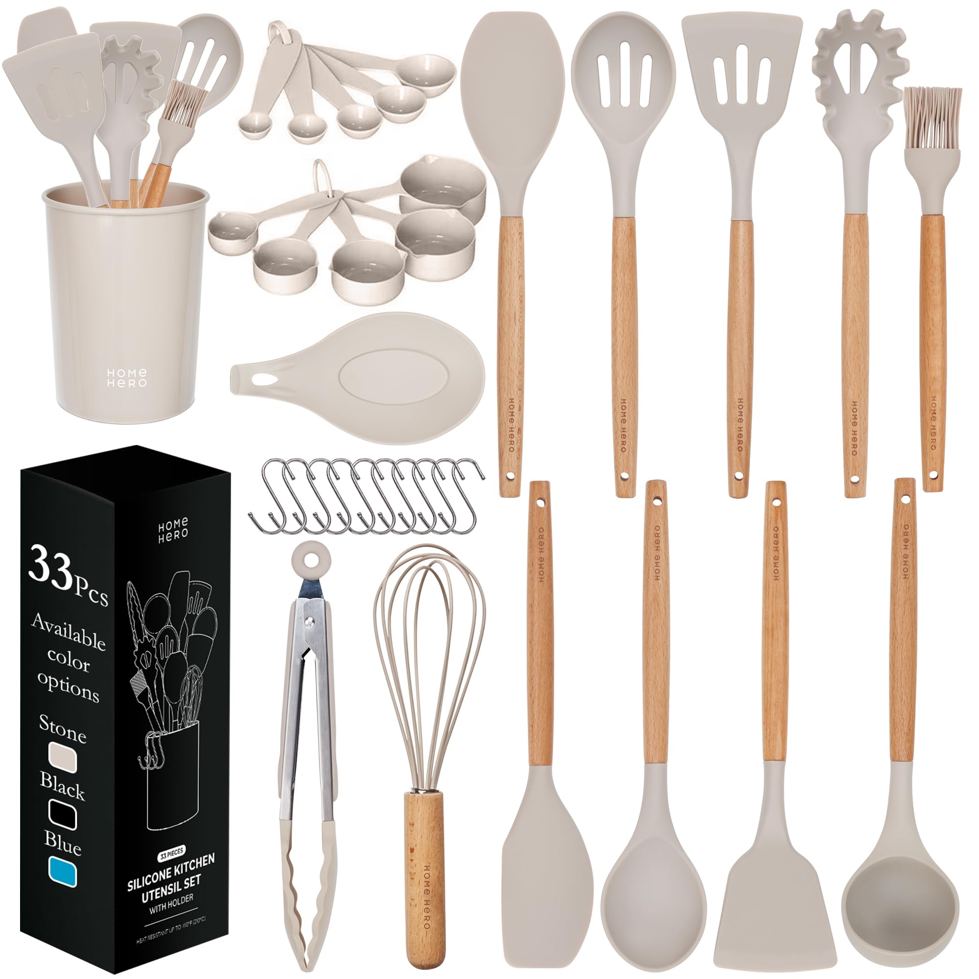 Home Hero 33 Pcs Kitchen Cooking Utensils Set, Non-Stick Silicone Cooking Kitchen Utensils Spatula Set With Holder, Wooden Handl