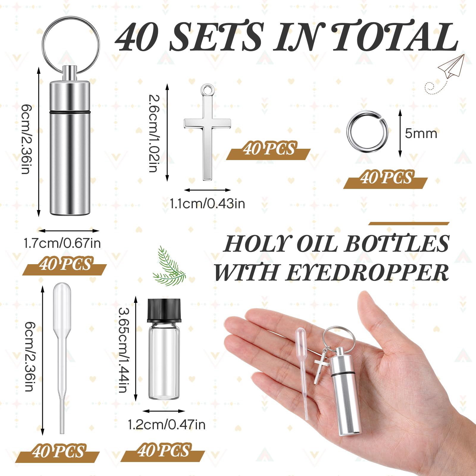 Tandefio 40 Sets Anointing Oil Bottles Keychain Vial Holy Water Container with Dropper Cross Pendant for Travel Baptism Favor (S