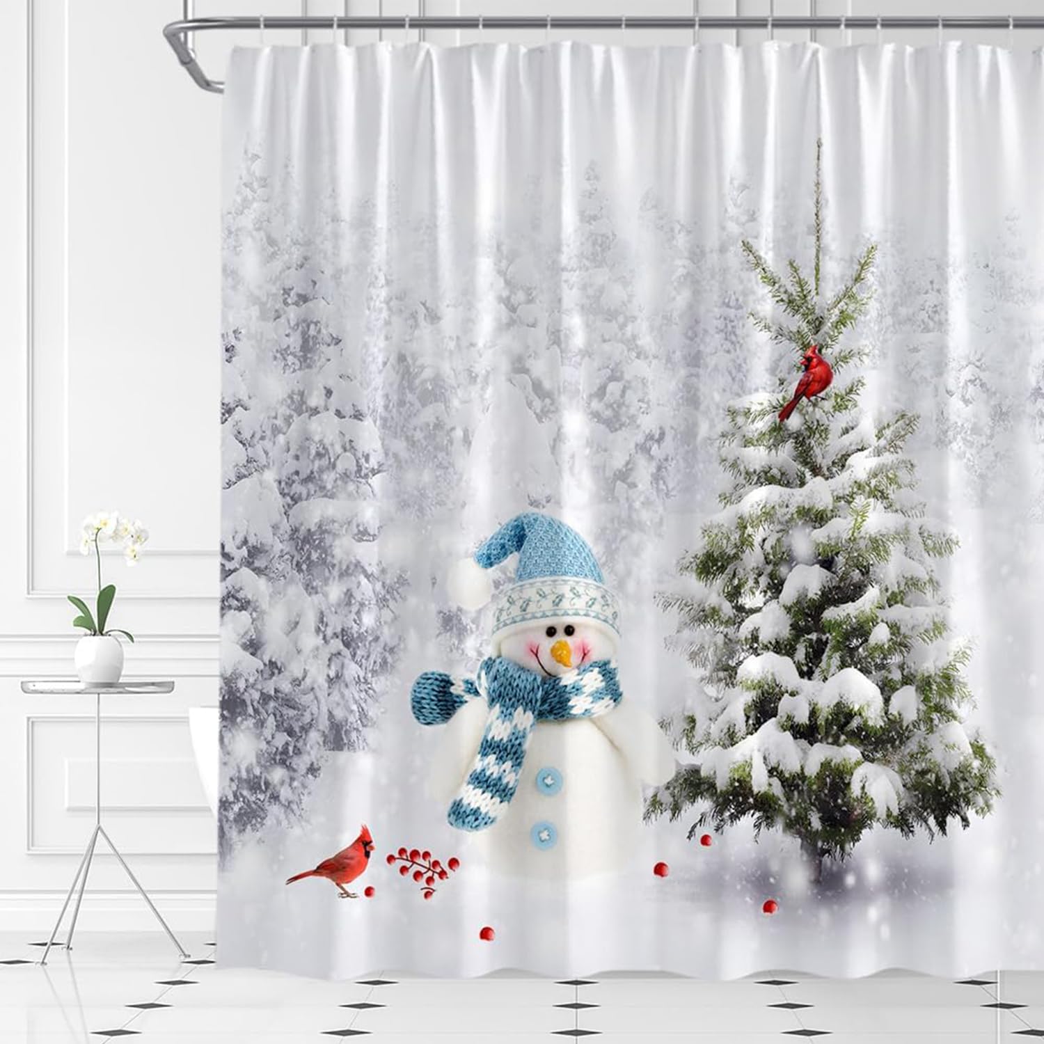 Cnayuep Christmas Shower Curtain, Winter Shower Curtain Set, Waterproof Cute Bathroom Shower Curtain Sets, Snowman Christmas Tre