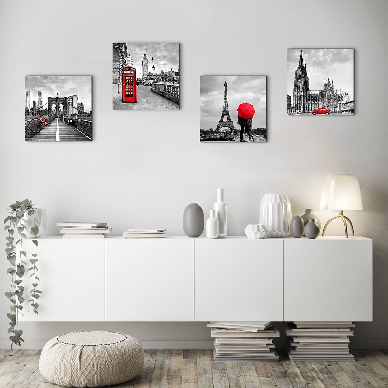 City Wall Art Framed Prints Grey Red Black Cityscape Pictures For Living Room Bedroom Wall Decor European Paris London New York