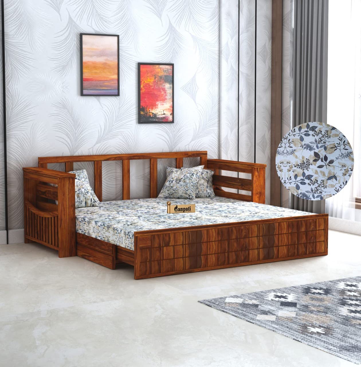 Ganpati Arts Sheesham Wood Diamond 3 Seater Sofa Cum Bed With Floral Fabric&Side Pocket For Bedroom Wooden Bedroom Furniture For
