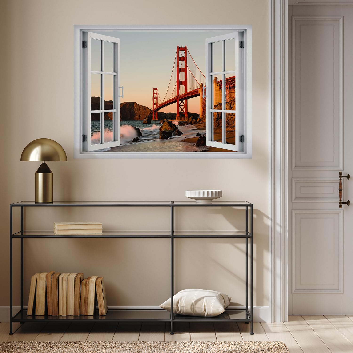 wall26 Removable Wall Sticker/Wall Mural Window View San Francisco Golden Gate Bridge Sunset Nature Wilderness Photography Realism Landscape Multicolor for Living Room  Bedroom  Office - 36''x48''