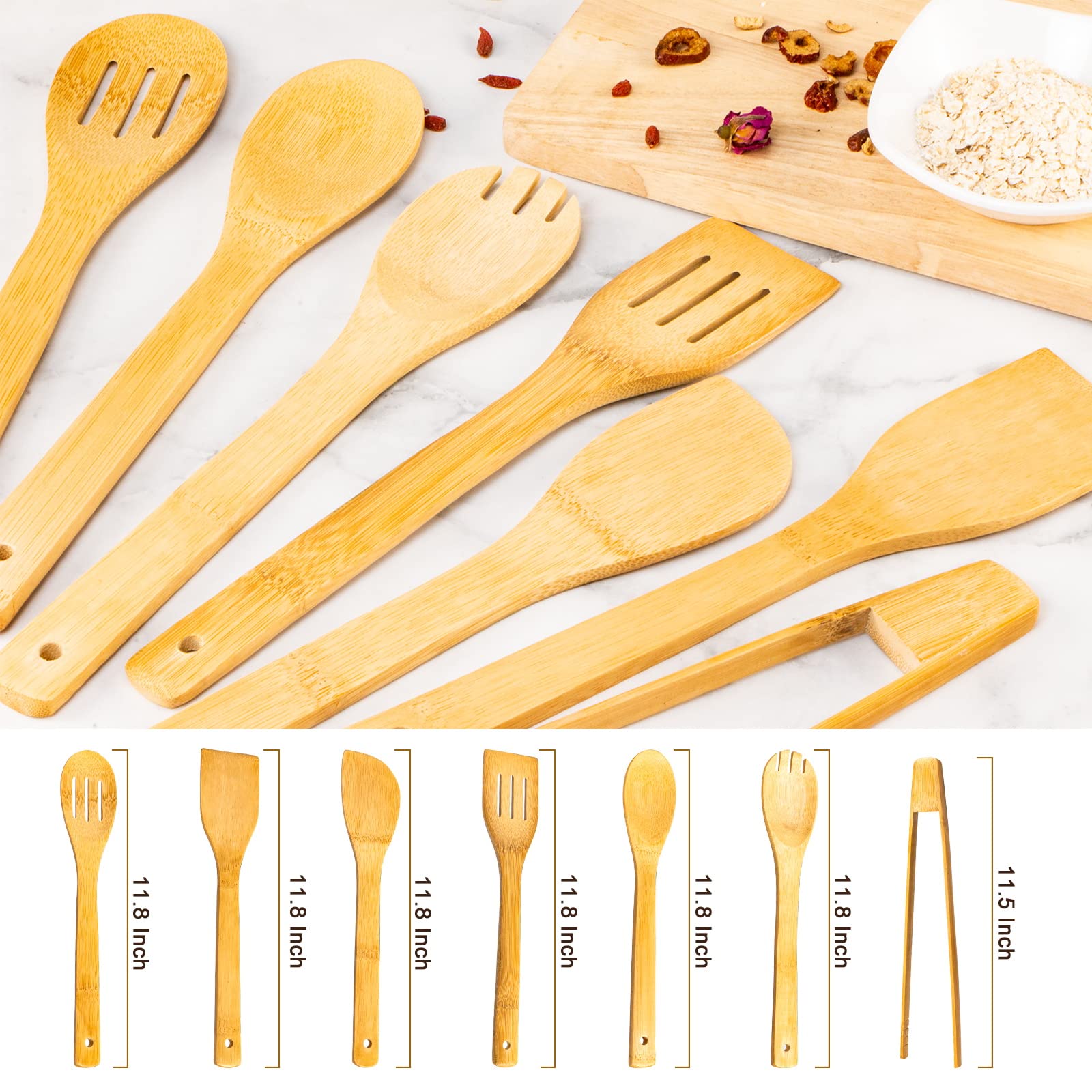 Wooden Spoons For Cooking 7-Piece, Kitchen Nonstick Bamboo Cooking Utensils Set, Durable And Healthy Bamboo Wooden Spatula Spoon