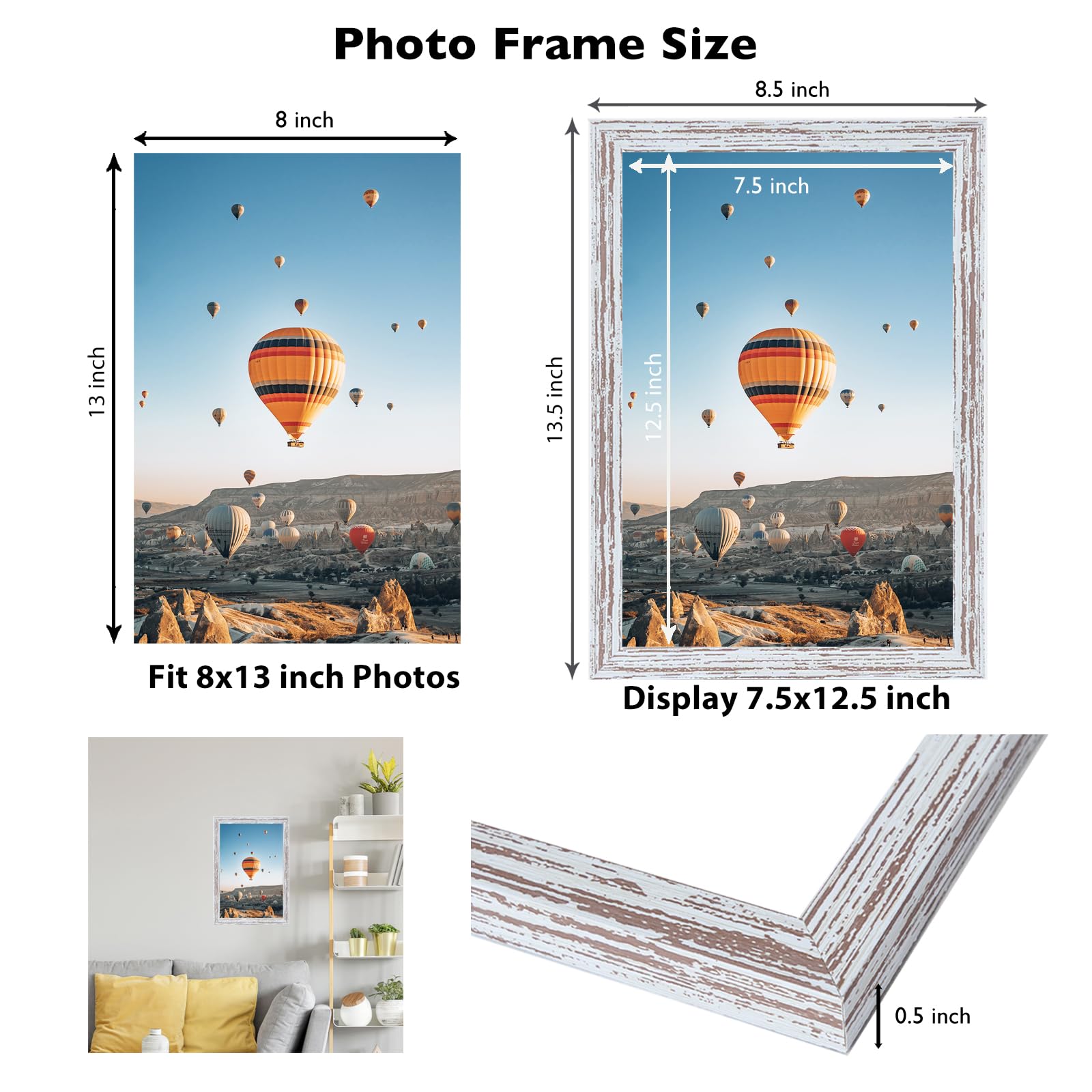 JCJMY 8x13 Picture Frame Rustic White for Wall Hanging or Tabletop, Wall Mounting Horizontally or Vertically, 8 x 13 Wall Galler