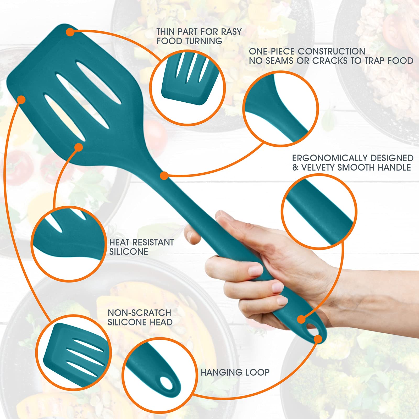 Teal Blue Kitchen Utensils Set, E-Far 15-Piece Silicone Cooking Utensils With Holder, Non-Stick Cookware Friendly & Heat Resista