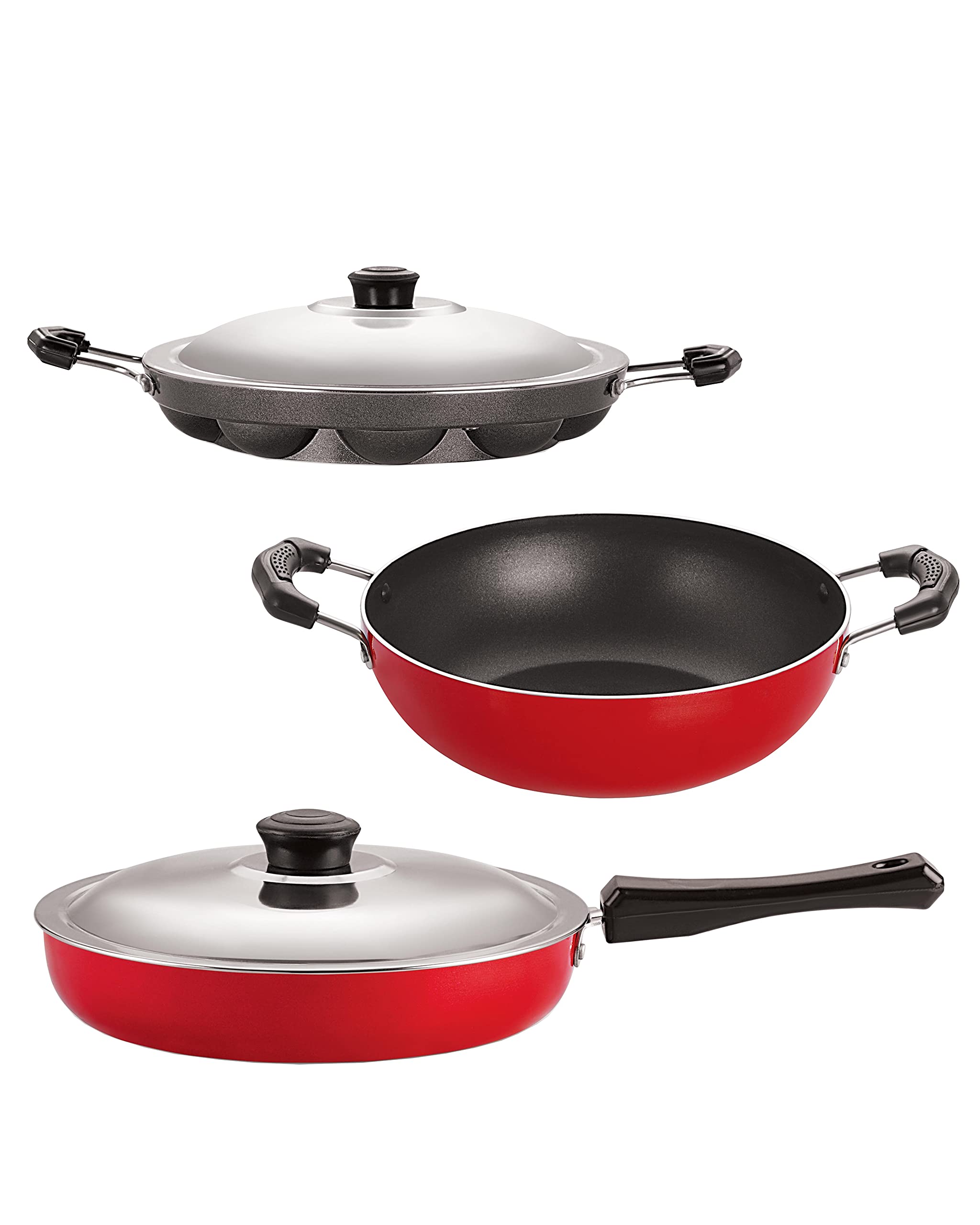 Nirlon Classic Range NonStick Cookware Silver Gift Set 3Pcs  (Fry Pan, Kadai & Appam Patram) Red/Black