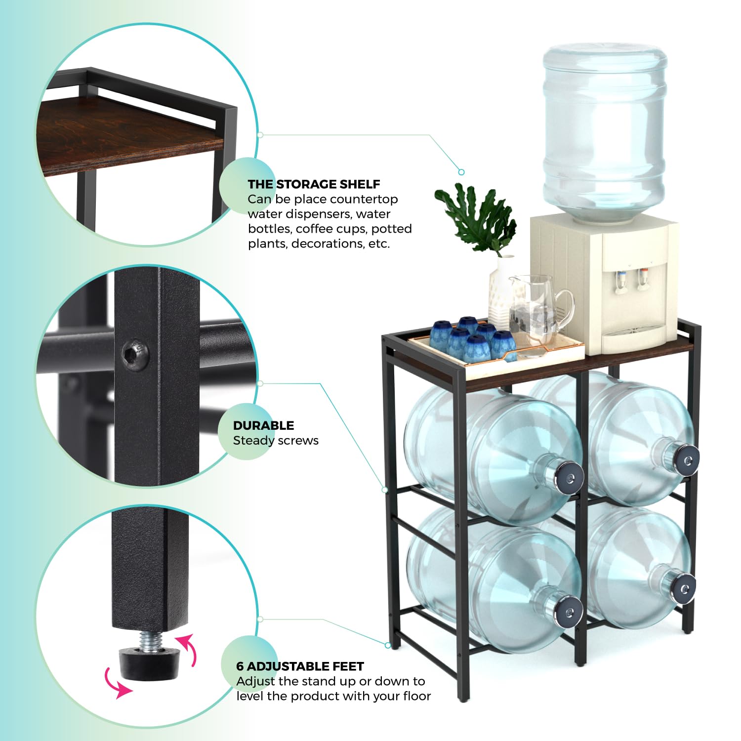 5 Gallon Water Jug Holder For 4 Bottles With Rustic Brown Wood Top Shelf, 5 Gallon Water Jug Stand, 5 Gallon Water Bottle Holder