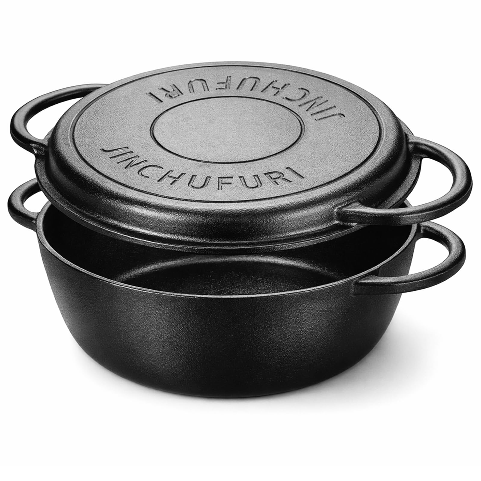 JINCHUFURI 3.5QT Cast Iron Dutch Oven with Skillet Lid, 2in1 Cookware Set