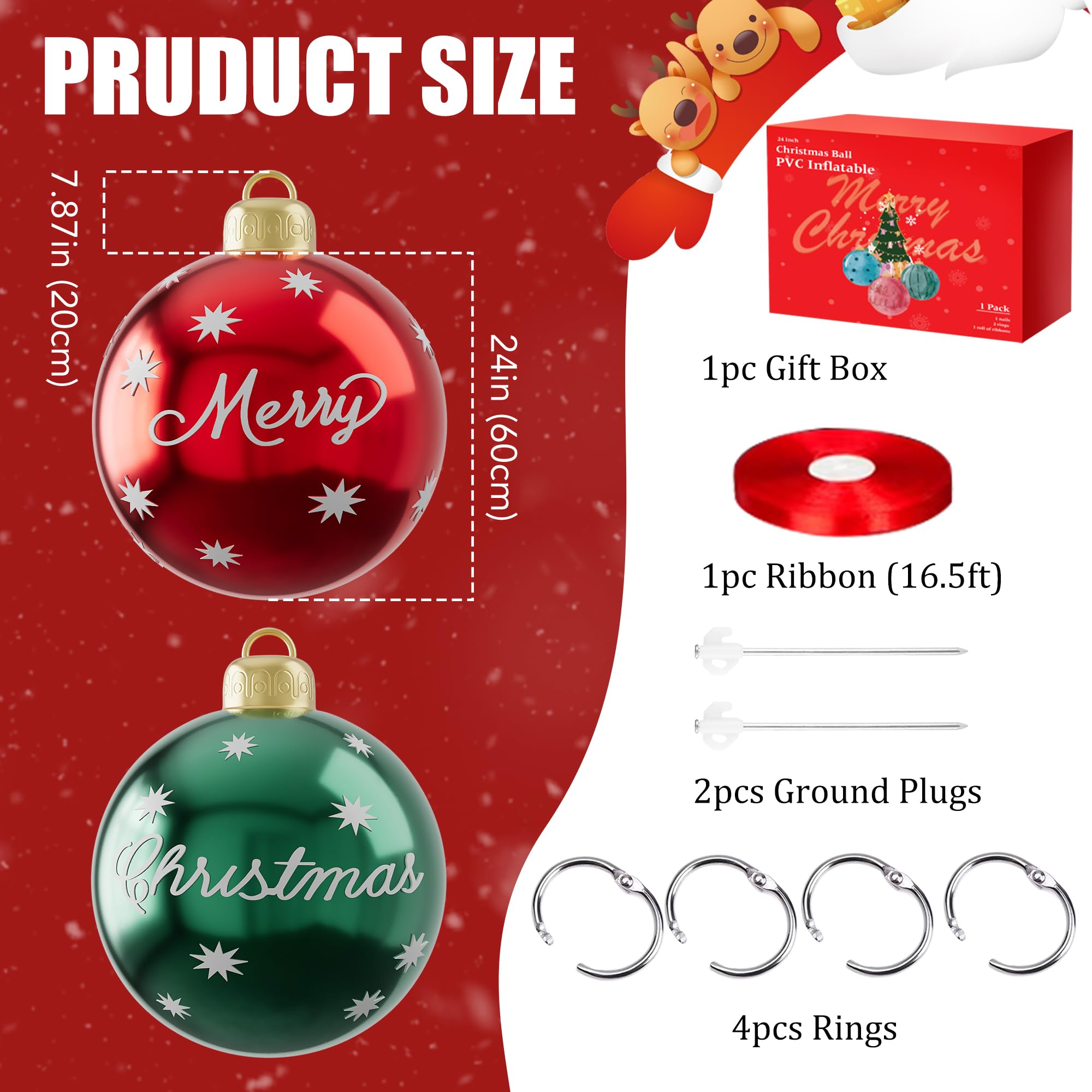 2Pcs 24 Inch PVC Inflatable Christmas Balls Xmas Giant Inflatable Ornaments Balls, Outdoor Inflatables Christmas Ornaments Ball