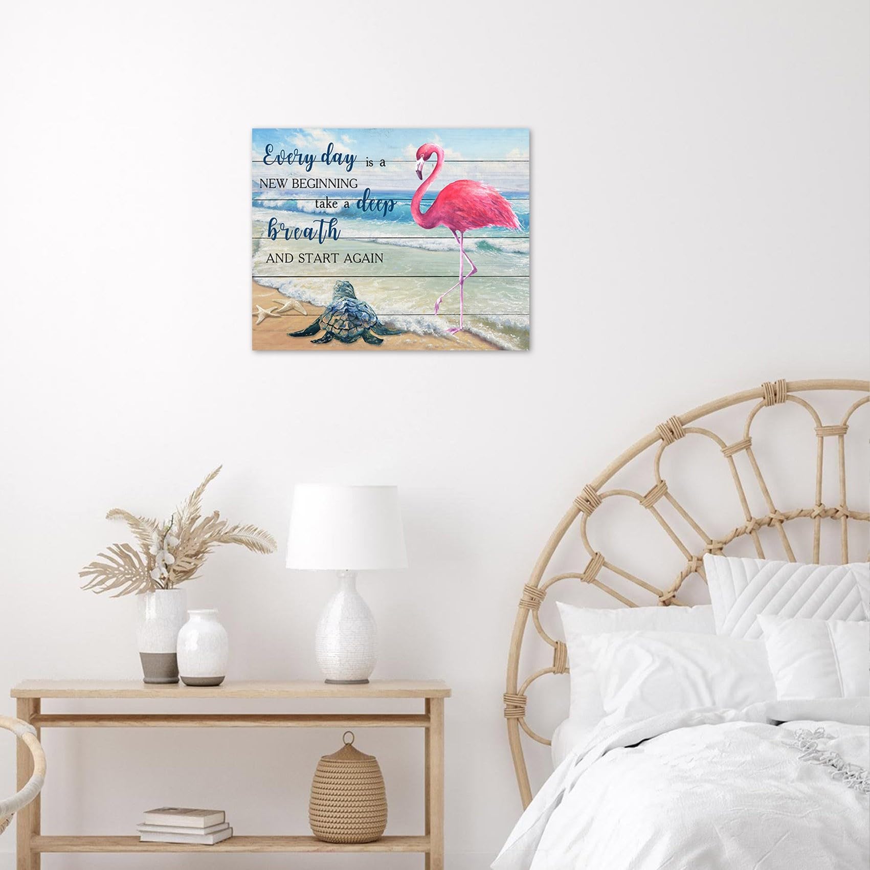 Lb Tropical Ocean Wall Art Pink Flamingo Sea Turtle Coastal Beach Wooden Framed Canvas Prints Inspirational Farmhouse Wall Decor