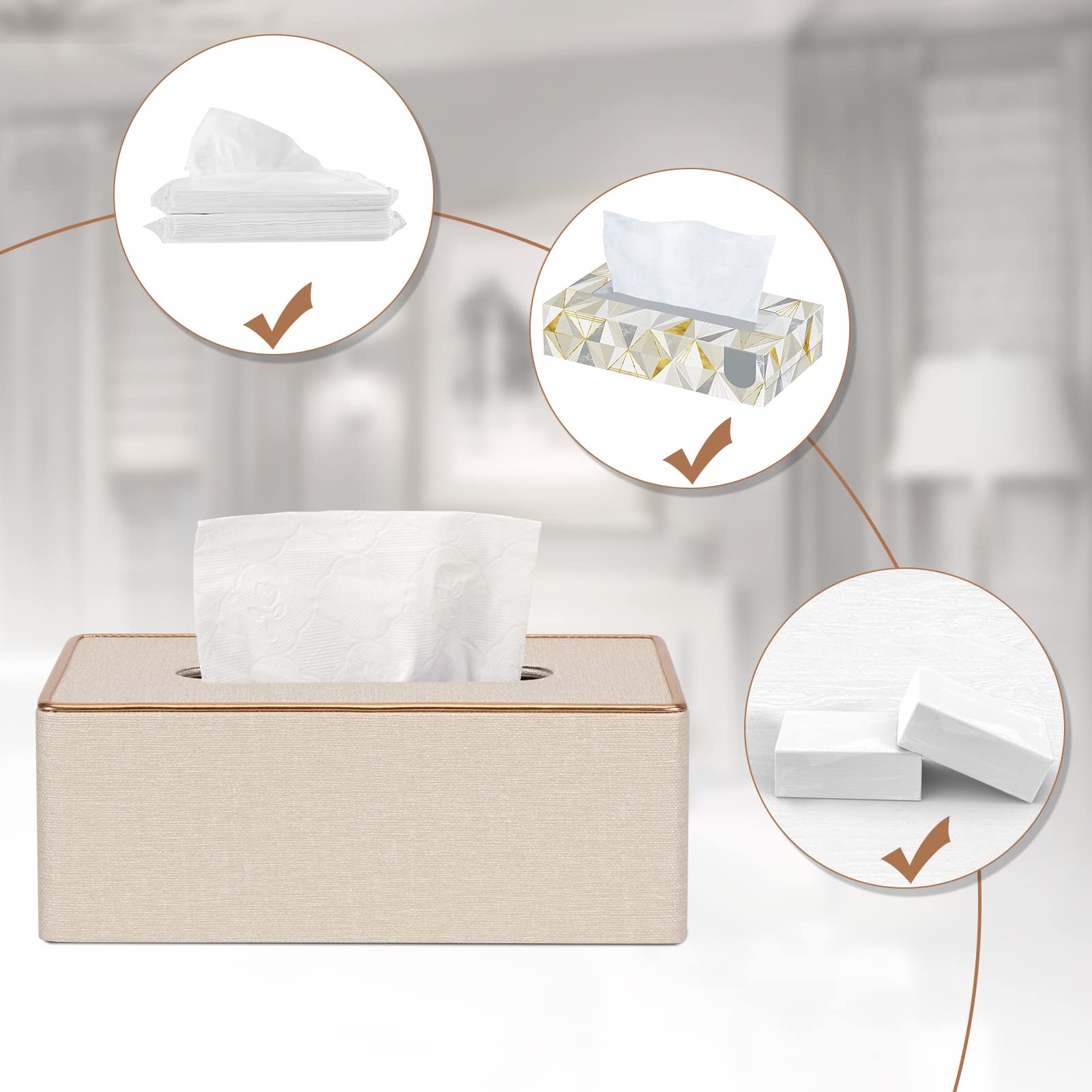 Tissue Box Cover  PU Leather Tissue Box Holder Rectangular Kleenex Box Covers for Home/Office/Car Decoration 9.84''X5.23''X3.77'' - Beige