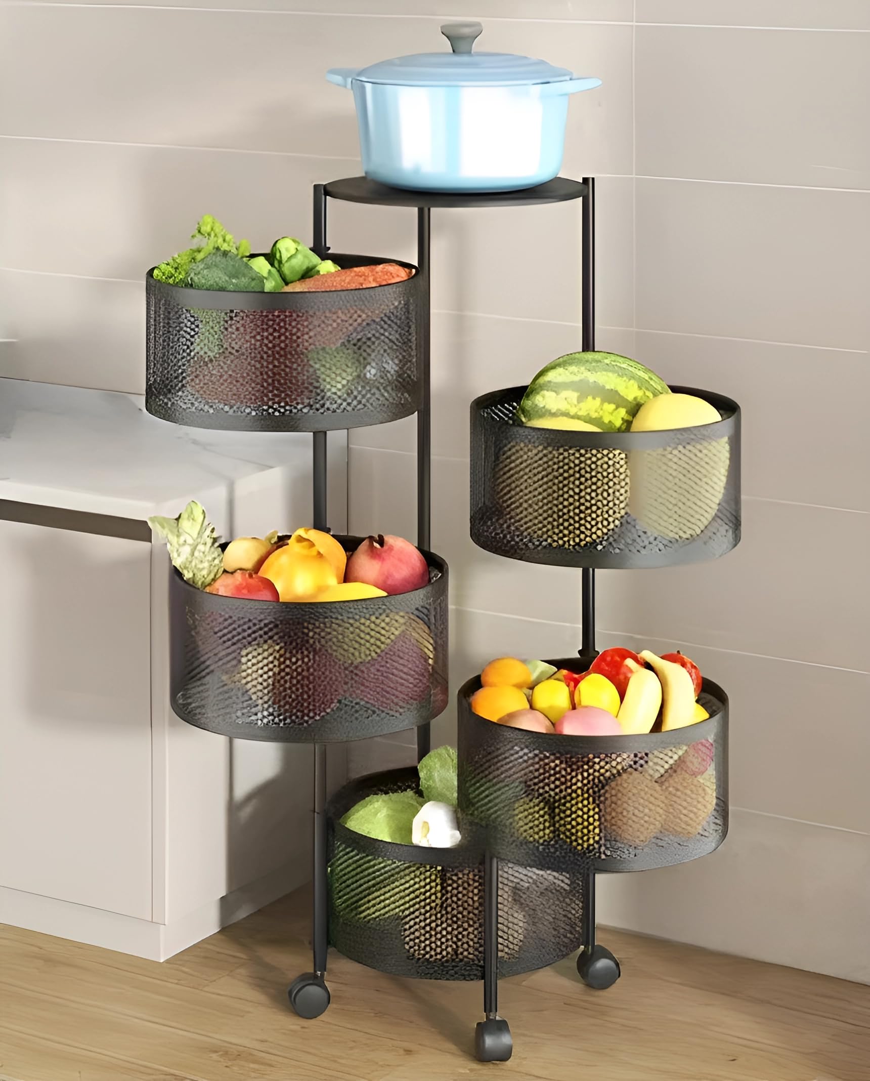 Kitchenwell Round MultiPurpose Rotatable Trolley Storage Organizer Kitchen Storage Rack Design Fruits & Vegetable Onion Cutlery