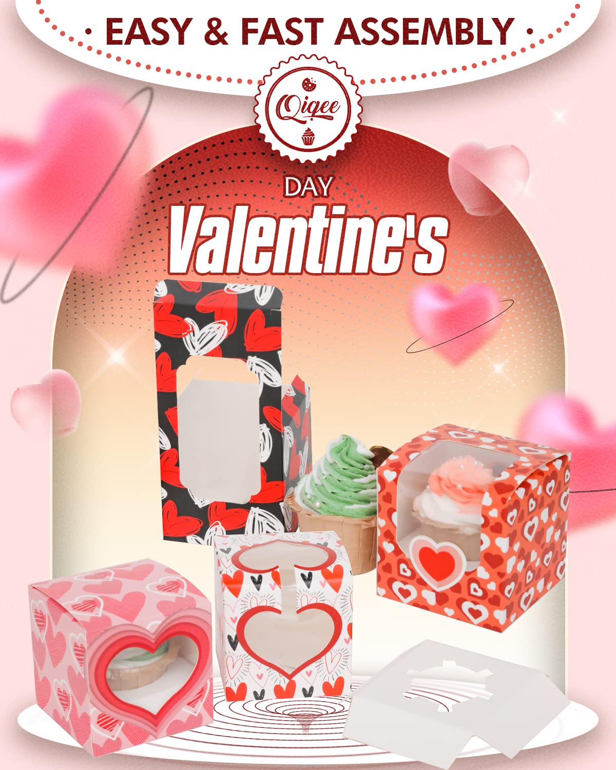 Qiqee Valentine Cupcake Boxes Individual 60Pcs Auto-Popup 3.5'' X 3.5'' X 3.5'' Single Cupcake Carrier Container For Vanlentine