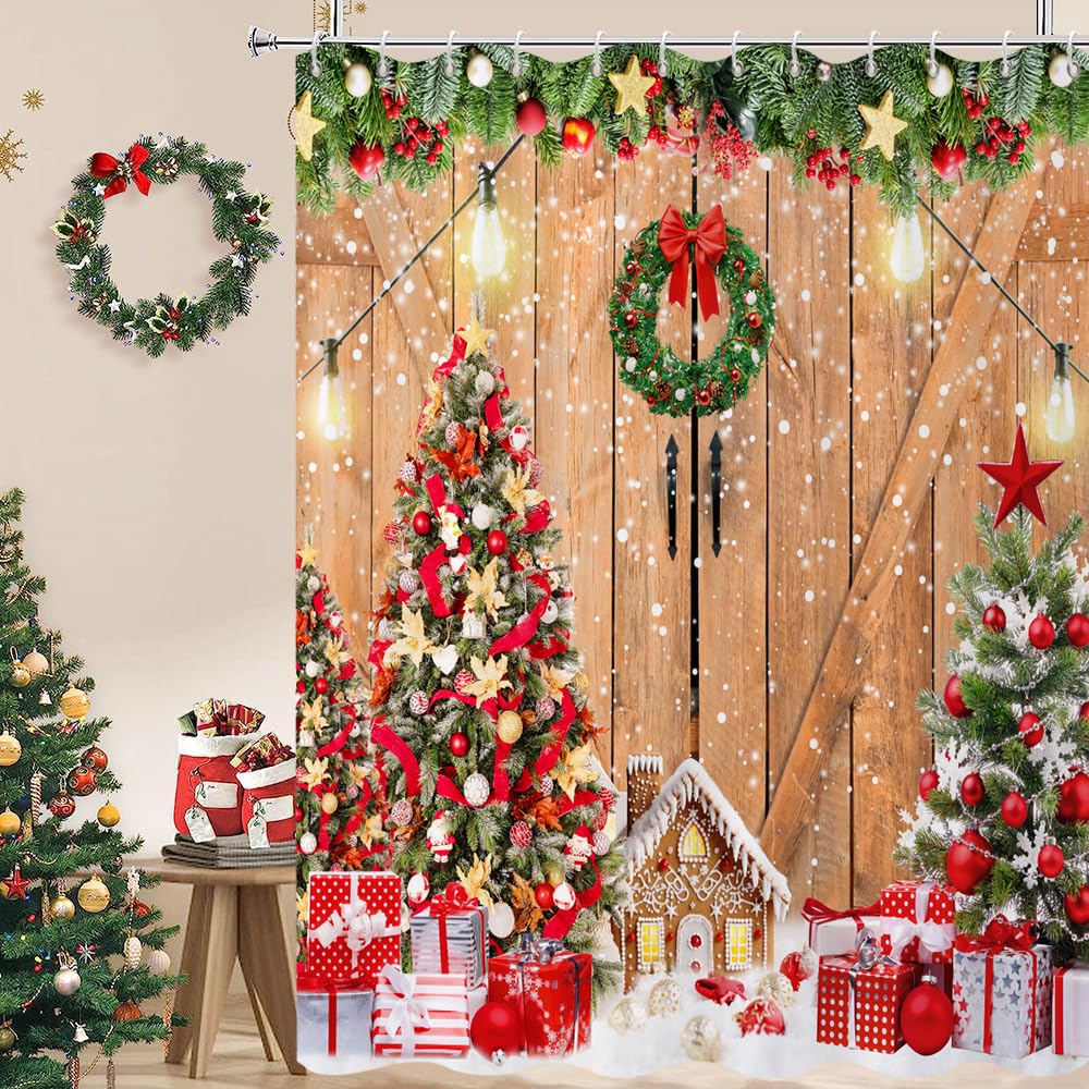 Caheansi Christmas Shower Curtain, Farmhouse Rustic Barn Door Wooden Gingerbread House Xmas Tree Winter New Year Holiday Bathroo