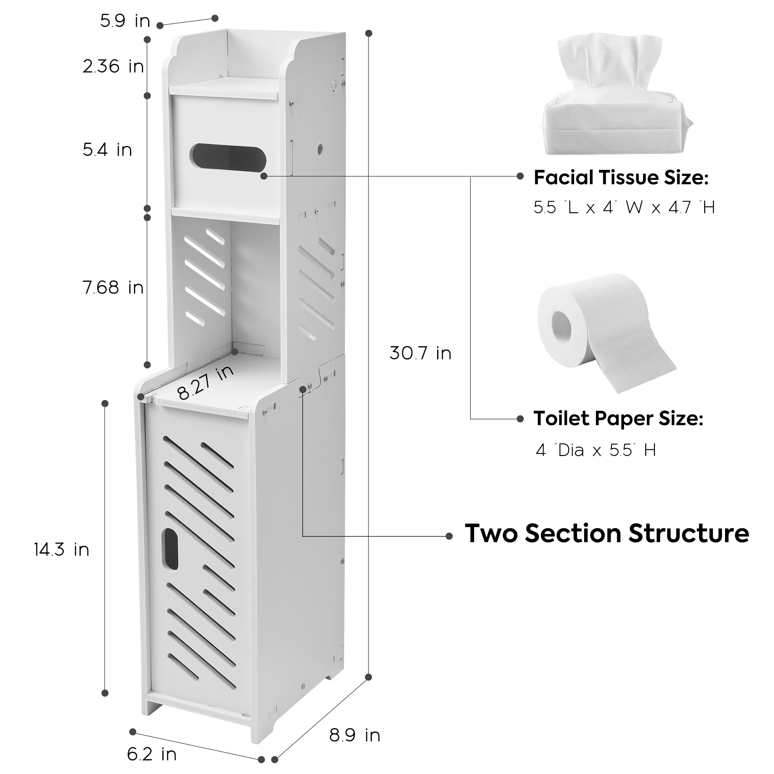 Doxo White Toilet Paper Holder Stand, Slim Bathroom Organizers And Storage Cabinet For Small Space (White)