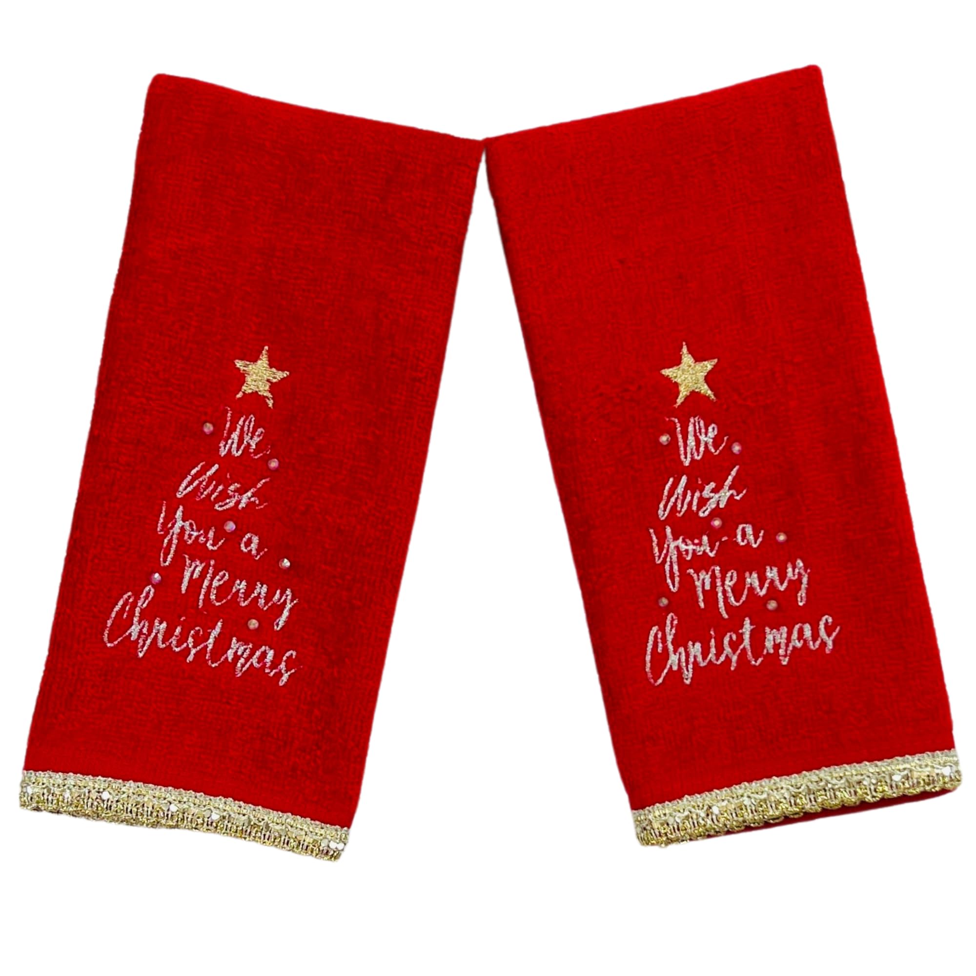 Serafina Home Holiday Christmas Bath Fingertip Towels, Embroidered Gold We Wish You A Merry Christmas With Gold Lace Hem, 2 Piec