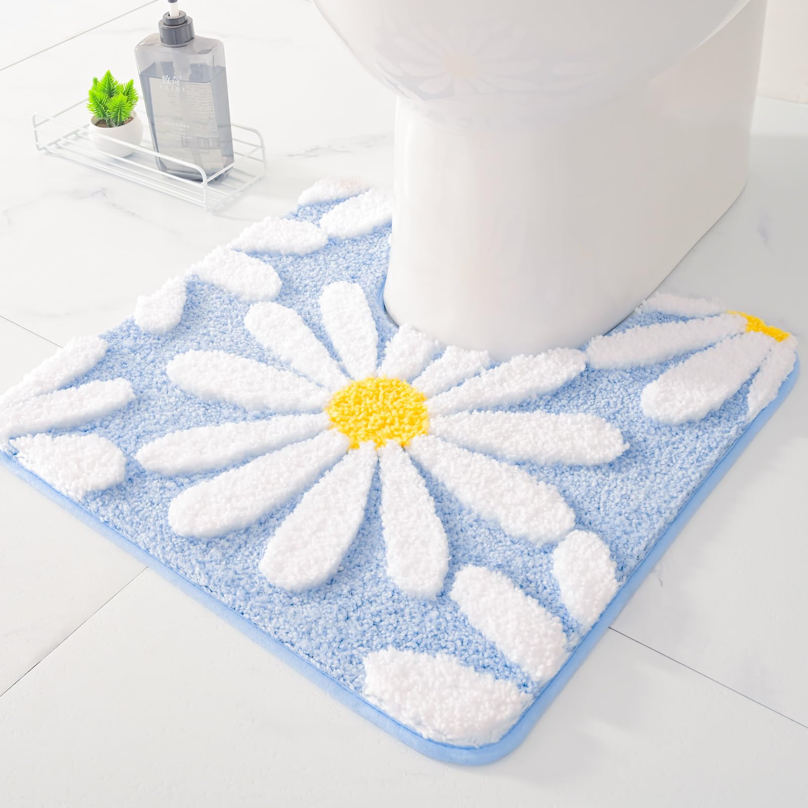 Qjhomo Toilet Rugs U Shaped, Blue Toilet Mat Cute Daisy Contour Bath Rug 20''X20'', Extra Thick Soft Machine Washable Toilet Car