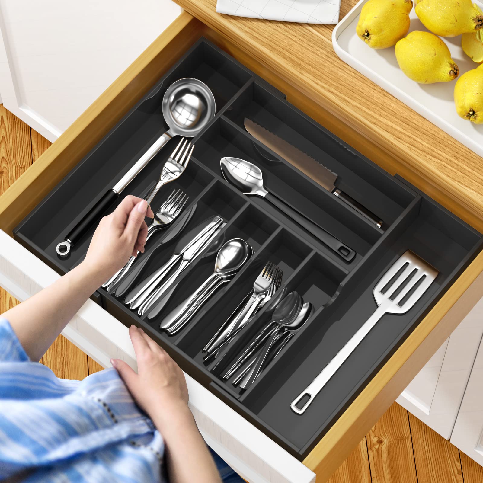 NIUBEE Expandable Kitchen Drawer Organizer for Flatware and Utensils Black Acrylic Adjustable Silverware Tray for Drawer Office Bathroom Supplies-9 Compartments