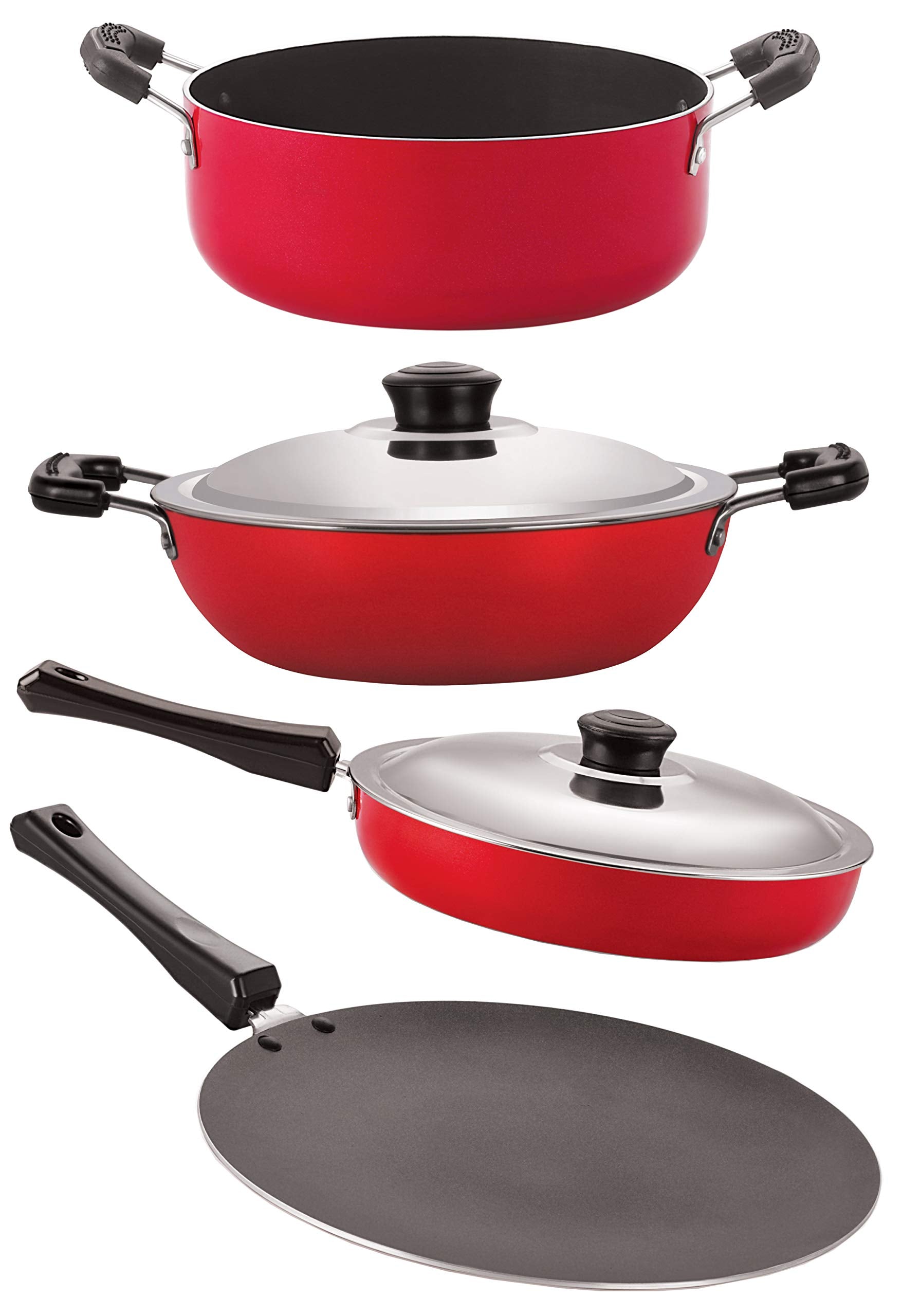 Nirlon Non Stick Cookware Pots & Pan Gift Set With Bakelite Handle,4 Pieces (Red & Black) (Ct12_Fp12_Dkd(B)_Cs24)