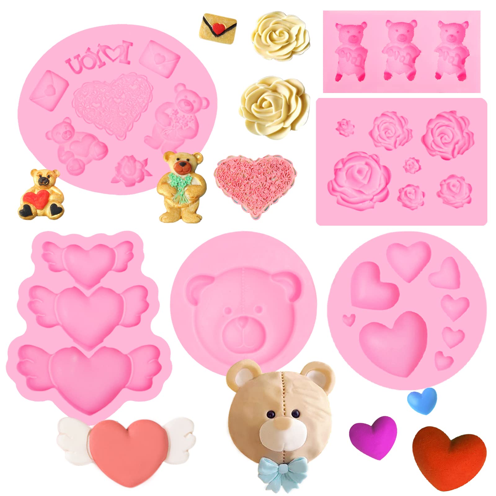 Bear Chocolate Silicone Molds 6 Pcs, Love Flowers Teddy Bear Head Fondant Molds For Valentine'S Day Cake Decoration Candy Sugar