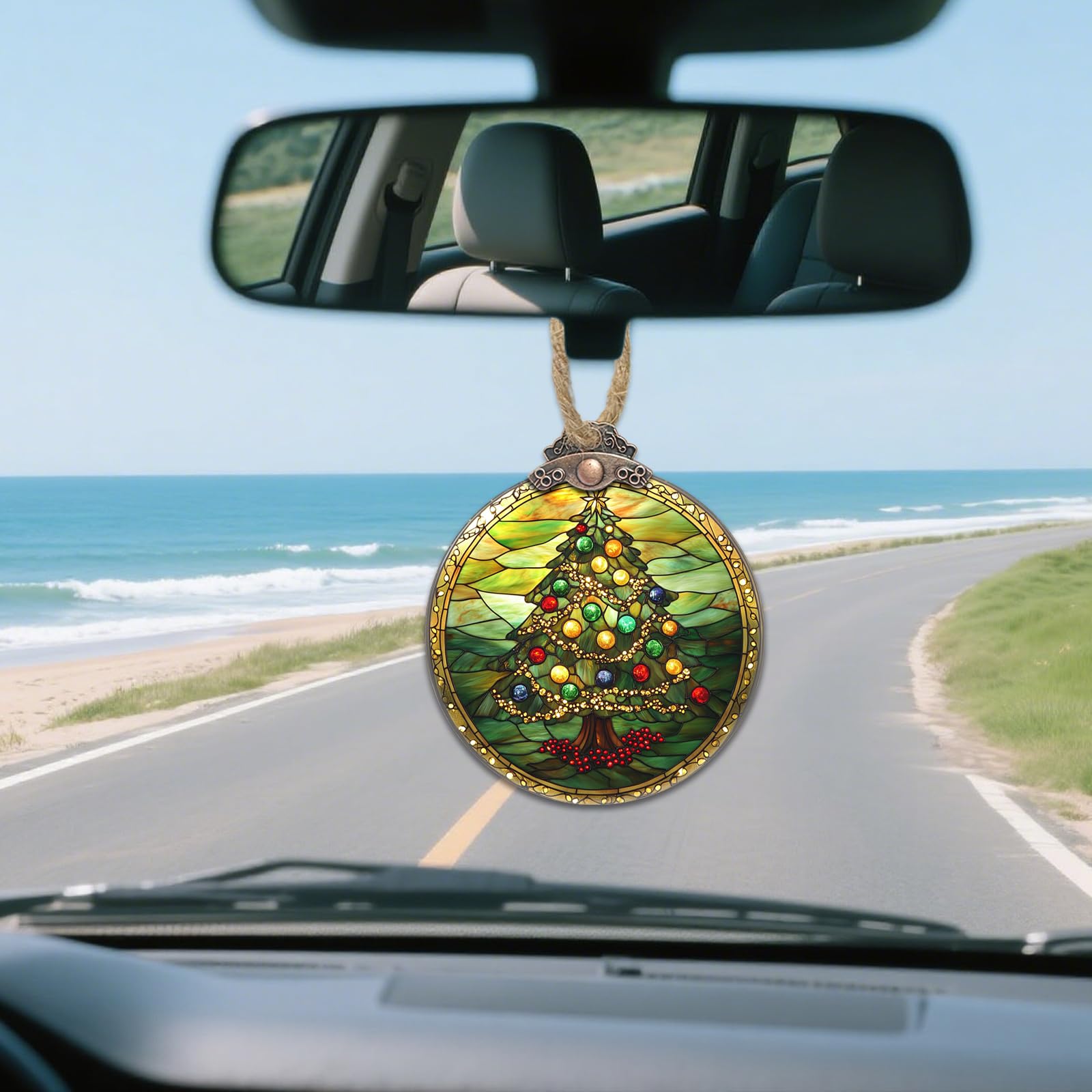DASTOLL Stained Glass Christmas Decorations, Green Suncatcher for Window Christmas Tree Ribbon Ball Hanging Ornaments Sun Catche
