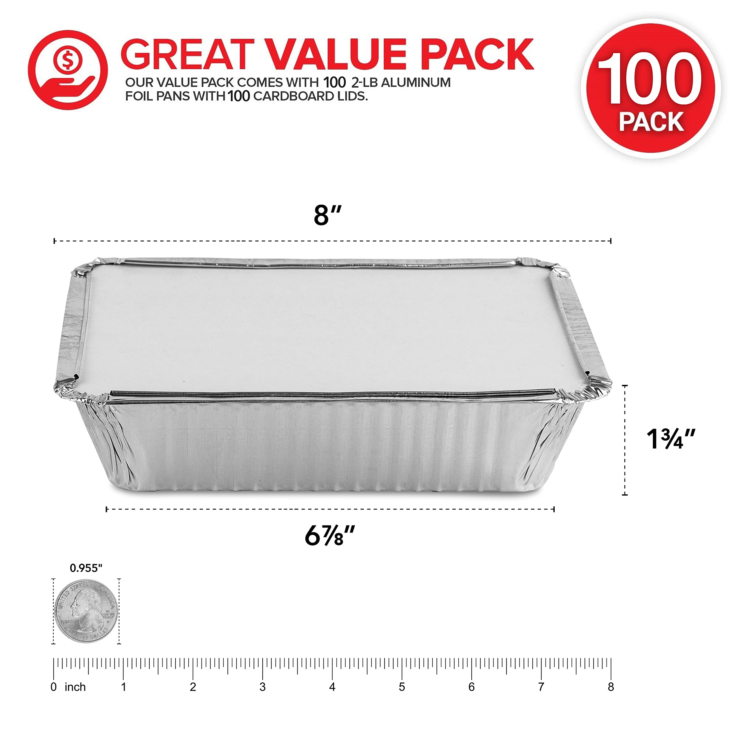Stock Your Home 2 Lb Small Aluminum Pans With Lids (100 Pack) Foil Pan + Cardboard Lid, Disposable Cookware, Takeout Trays With