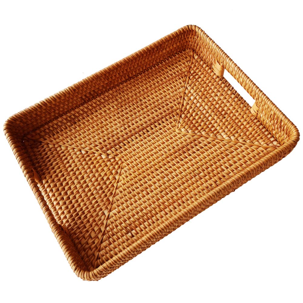 I-Lan 17 Inch Oversize Handmade Rectangular Serving Trays With Cutout Handles And 2.3    Wall,Decorative Rattan Woven Storage Ba