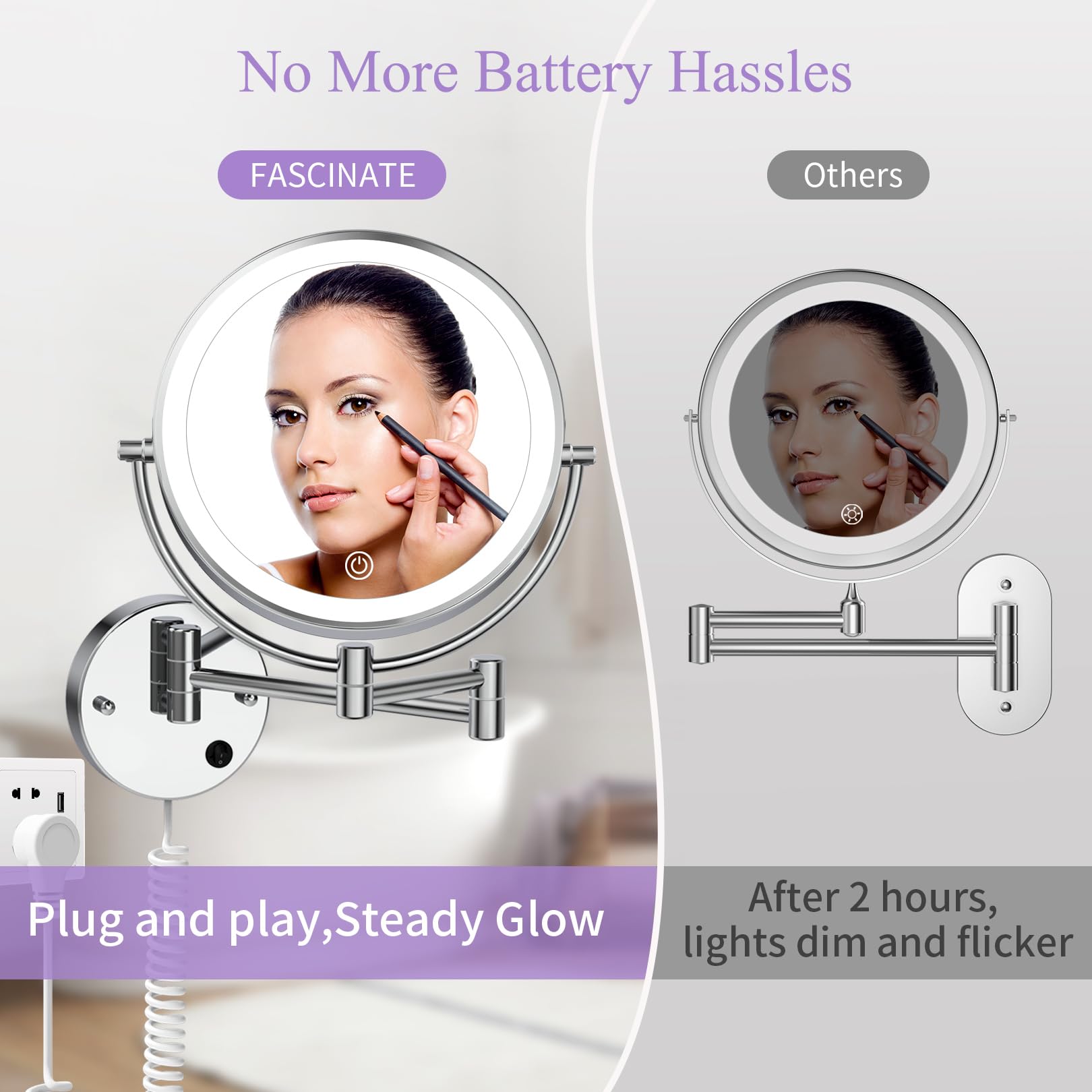 Wall Mounted Makeup Mirror With Lights, Magnifying Mirror 10X/1X Double-Sided, Plug-In Vanity Mirror With 3 Color Lights & Brigh